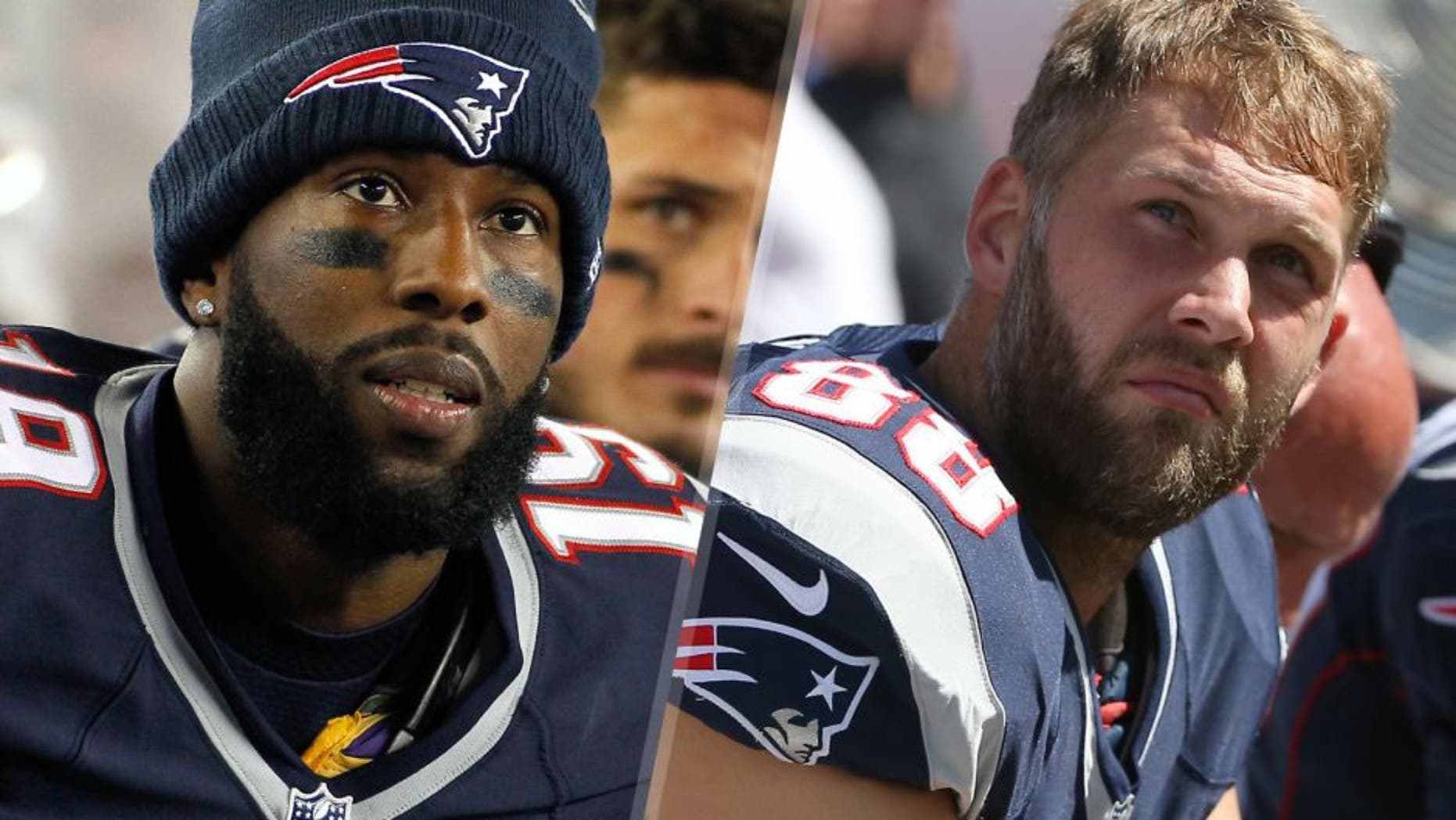 Oct 29, 2015; Foxborough, MA, USA; New England Patriots wide receiver Brandon LaFell (19) on the bench during the fourth quarter against the Miami Dolphins at Gillette Stadium. Mandatory Credit: Stew Milne-USA TODAY Sports ORCHARD PARK, NY - SEPTEMBER 20: Scott Chandler #88 of the New England Patriots looks on from the bench during NFL game action against the Buffalo Bills at Ralph Wilson Stadium on September 20, 2015 in Orchard Park, New York. (Photo by Tom Szczerbowski/Getty Images)