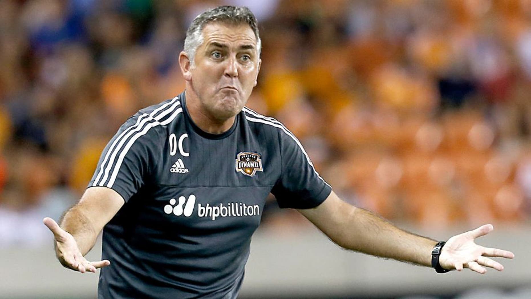 Sep 26, 2015; Houston, TX, USA; Houston Dynamo head coach Owen Coyle looks for a call against the Colorado Rapids in the second half at BBVA Compass Stadium. Dynamo won 3 to 2. Mandatory Credit: Thomas B. Shea-USA TODAY Sports