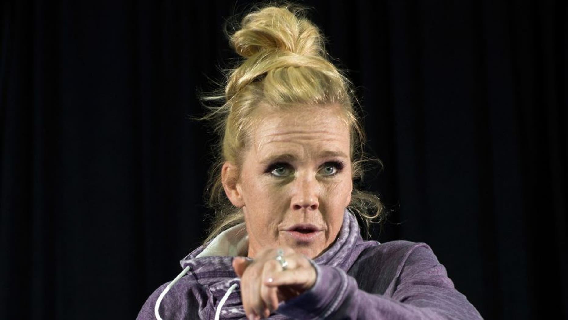 LAS VEGAS, NV - MARCH 2: UFC bantamweight champion Holly Holm holds an open training session for fans and media at the Jabbawockeez Theater in the MGM Grand Hotel/Casino on March 2, 2016 in Las Vegas, Nevada. (Photo by Brandon Magnus/Zuffa LLC/Zuffa LLC via Getty Images)