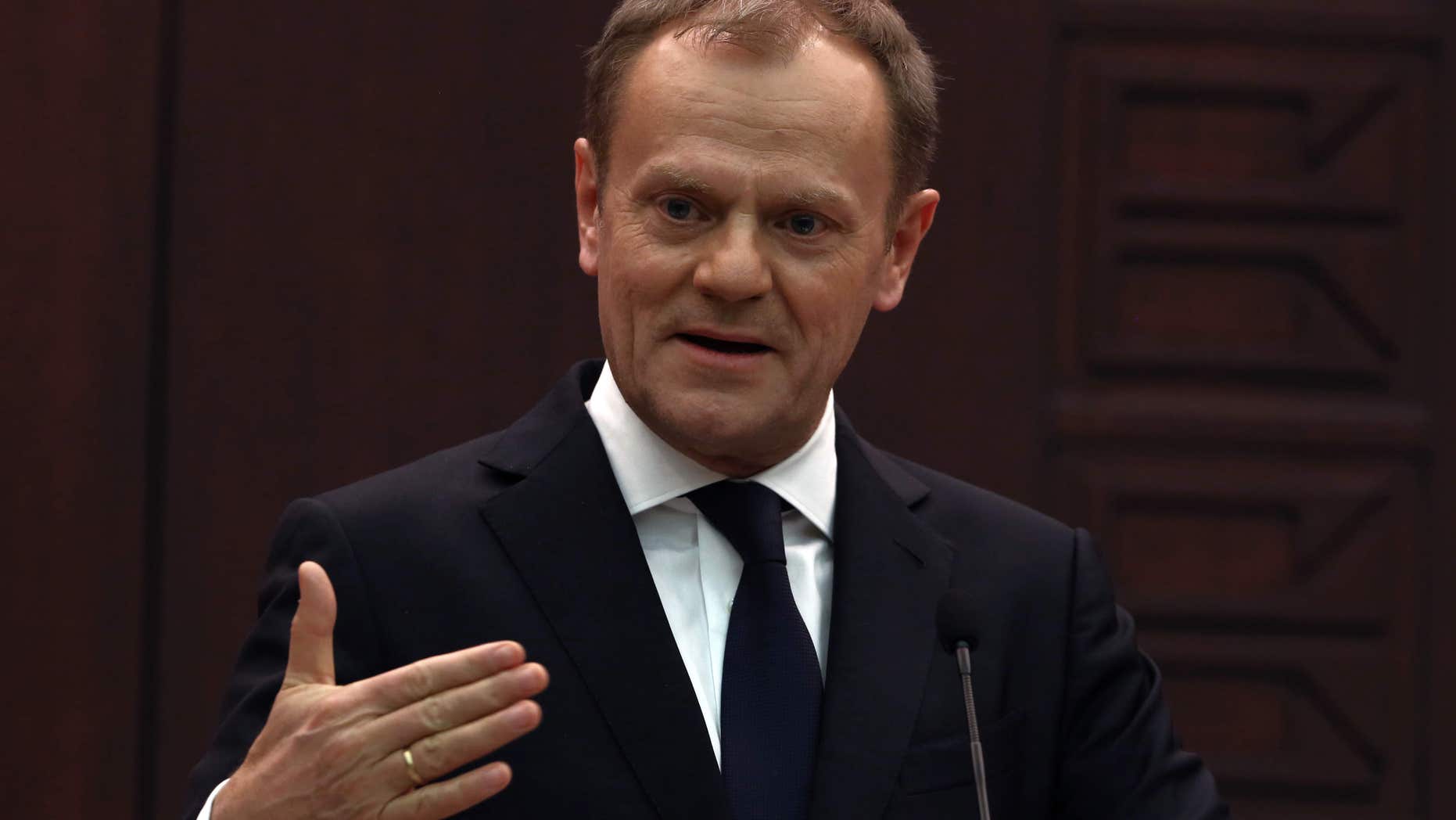 March 3, 2016: European Council President Donald Tusk speaks to the media during a joint press conference with Turkish Prime Minister Ahmet Davutoglu in Ankara, Turkey.