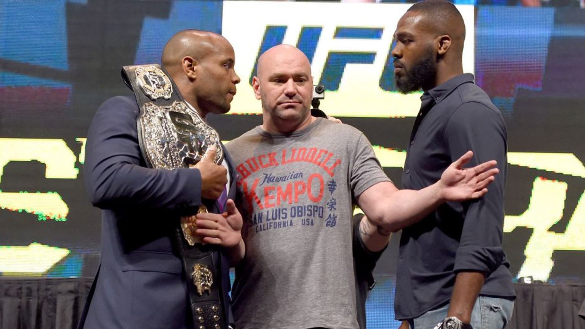 LAS VEGAS, NV - MARCH 04: (L-R) Opponents Daniel Cormier and Jon Jones face off during the UFC Unstoppable launch press conference at the MGM Grand Garden Arena on March 4, 2016 in Henderson, Nevada. (Photo by Josh Hedges/Zuffa LLC/Zuffa LLC via Getty Images)