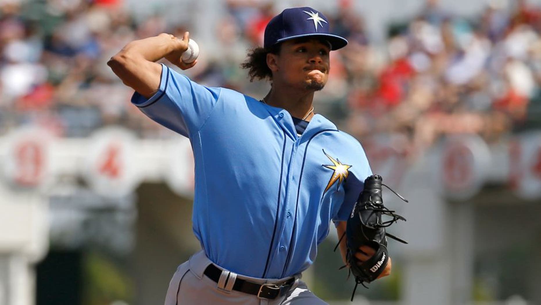 Tampa Bay Rays starting pitcher Chris Archer throws to the Boston Red Sox in the first inning of a spring training baseball game in Fort Myers, Fla., Friday, March 4, 2016. (AP Photo/Patrick Semansky)