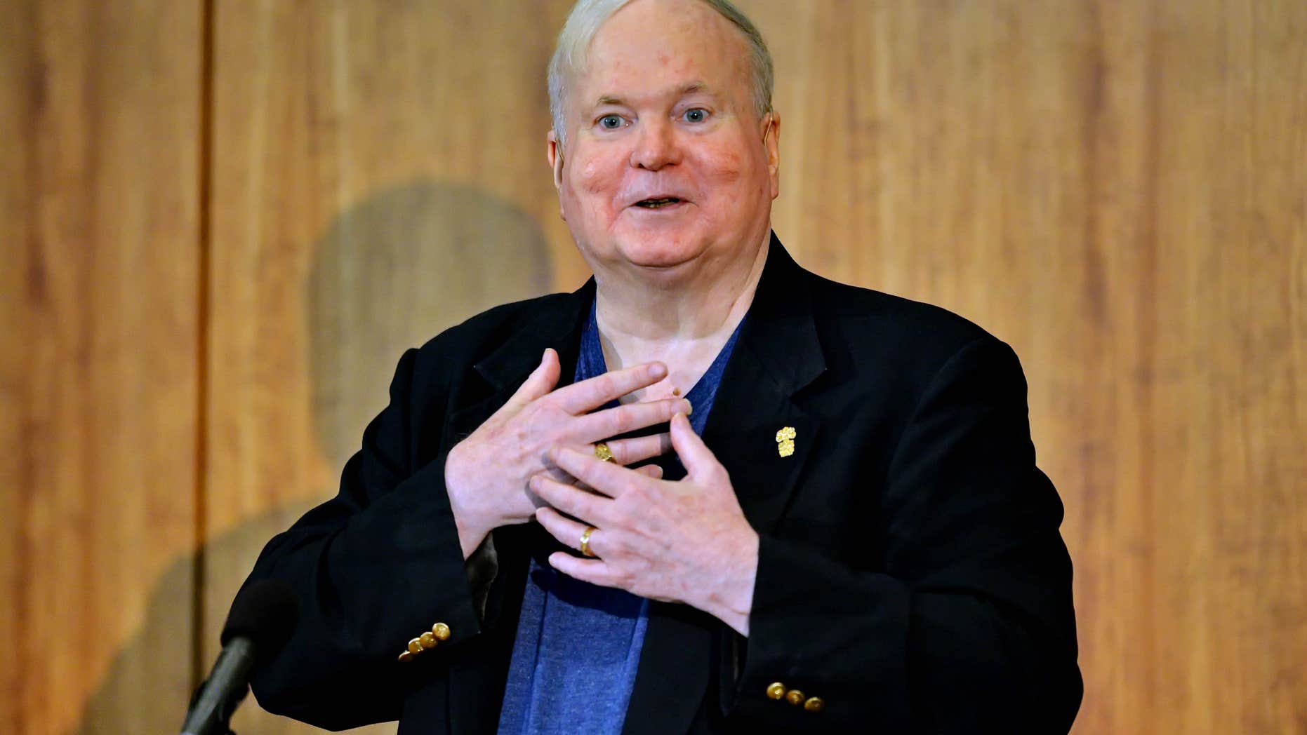 FILE - In this May 16, 2014, file photo, author Pat Conroy speaks to a crowd during a ceremony at the Hollings Library in Columbia, S.C.