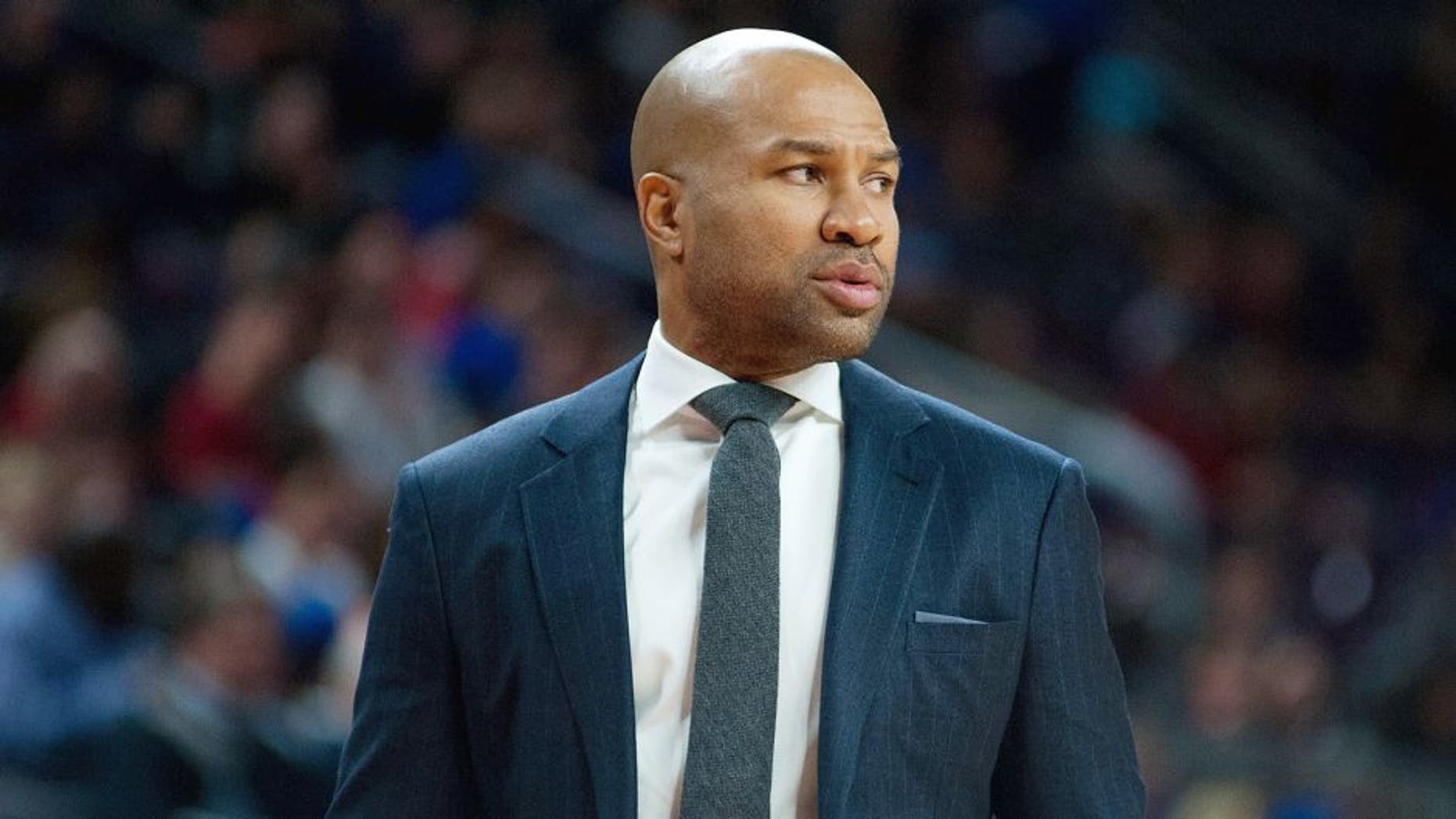 Feb 27, 2015; Auburn Hills, MI, USA; New York Knicks head coach Derek Fisher during the second quarter against the Detroit Pistons at The Palace of Auburn Hills. Mandatory Credit: Tim Fuller-USA TODAY Sports