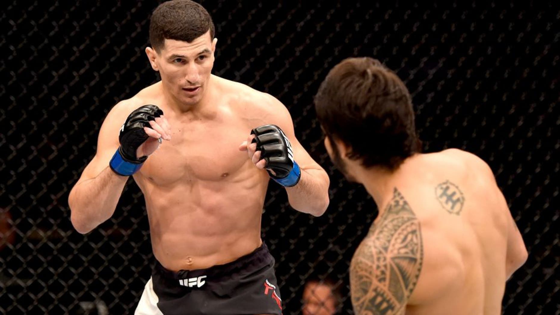 LAS VEGAS, NV - MARCH 05: (L-R) Nordine Taleb of France and Erick Silva of Brazil face off in their welterweight bout during the UFC 196 event inside MGM Grand Garden Arena on March 5, 2016 in Las Vegas, Nevada. (Photo by Josh Hedges/Zuffa LLC/Zuffa LLC via Getty Images)
