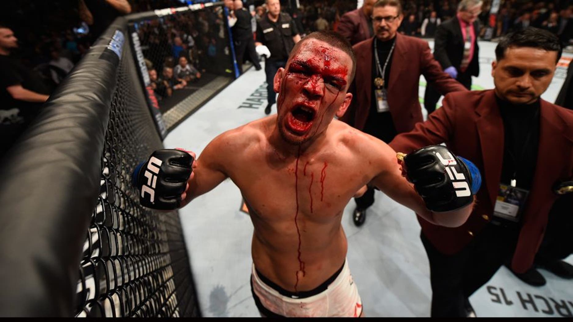 LAS VEGAS, NV - MARCH 05: Nate Diaz reacts to his victory over Conor McGregor of Ireland in their welterweight bout during the UFC 196 event inside MGM Grand Garden Arena on March 5, 2016 in Las Vegas, Nevada. (Photo by Josh Hedges/Zuffa LLC/Zuffa LLC via Getty Images)