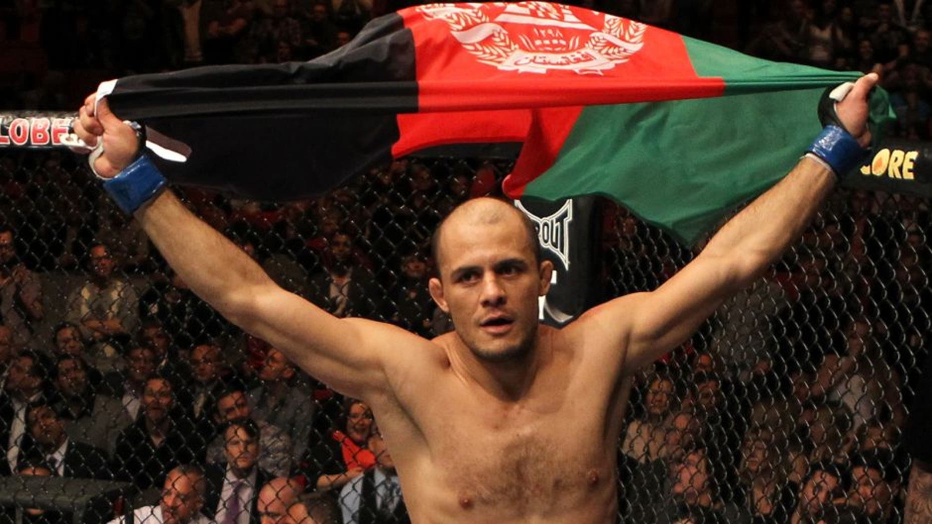 STOCKHOLM, SWEDEN - APRIL 14: Siyar Bahadurzada reacts after knocking out Paulo Thiago in a welterweight bout at the UFC on Fuel TV event at Ericsson Globe on April 14, 2012 in Stockholm, Sweden. (Photo by Josh Hedges/Zuffa LLC/Zuffa LLC via Getty Images)