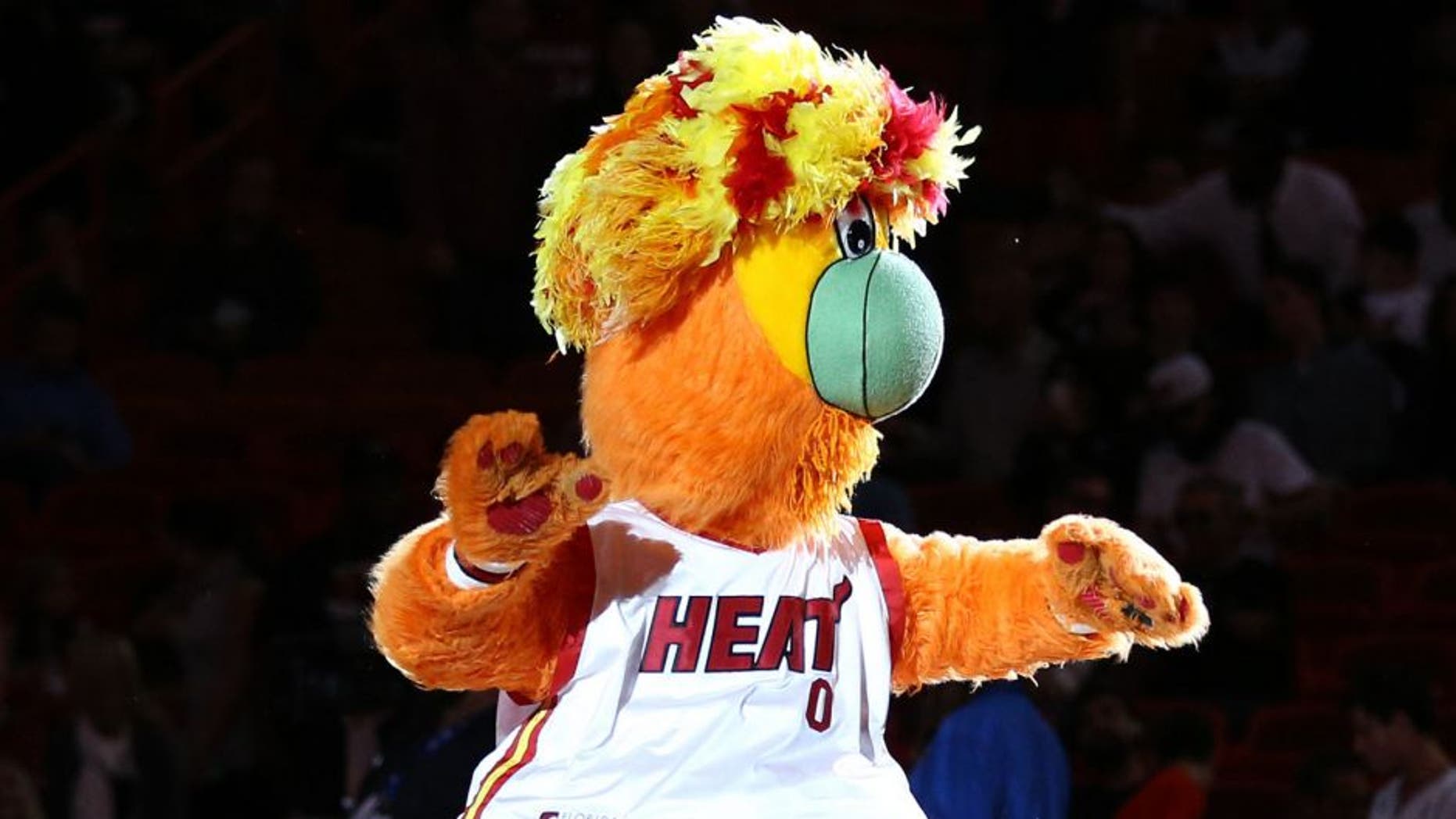 Jan 4, 2016; Miami, FL, USA; Miami Heat mascot Burnie entertains the fan before a game against the Indiana Pacers at American Airlines Arena. Mandatory Credit: Steve Mitchell-USA TODAY Sports