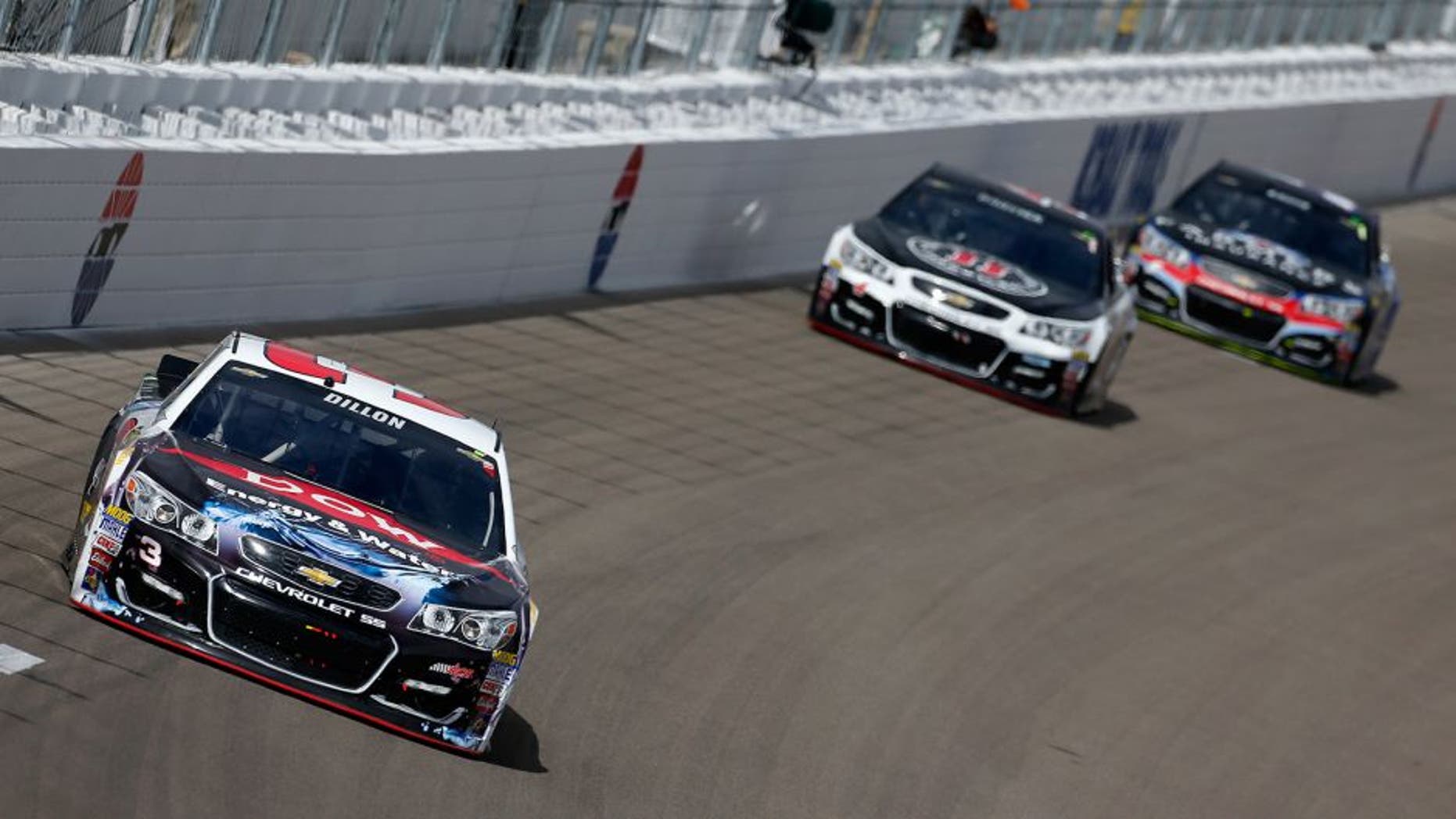 LAS VEGAS, NV - MARCH 06: Austin Dillon, driver of the #3 Dow - Energy & Water / Intellifresh Chevrolet, leads a pack of cars during the NASCAR Sprint Cup Series Koblat 400 at Las Vegas Motor Speedway on March 6, 2016 in Las Vegas, Nevada. (Photo by Jonathan Ferrey/Getty Images)