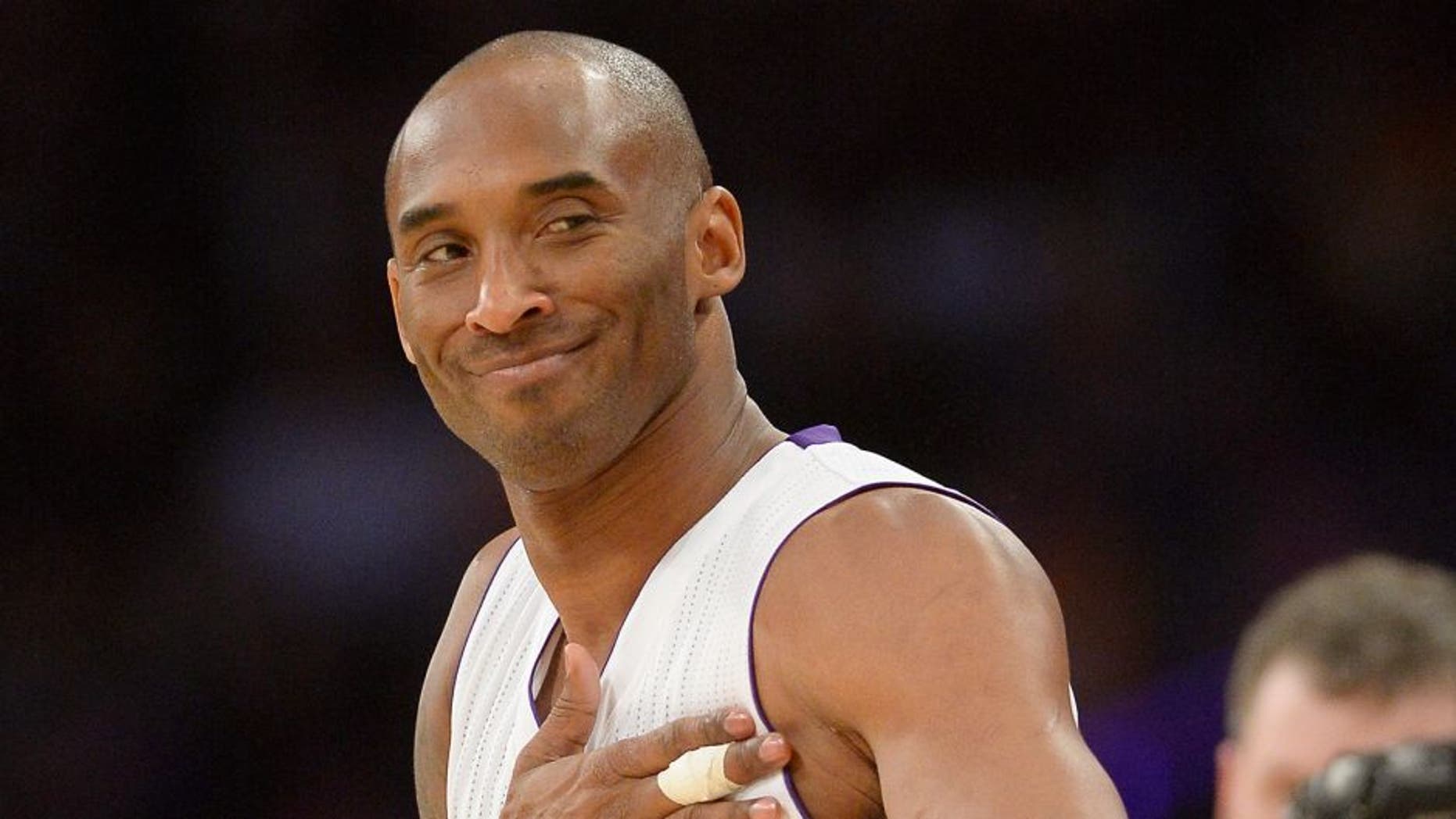 Mar 6, 2016; Los Angeles, CA, USA; Los Angeles Lakers forward Kobe Bryant (24) reacts before the NBA game against the Golden State Warriors at the Staples Center. Mandatory Credit: Richard Mackson-USA TODAY Sports