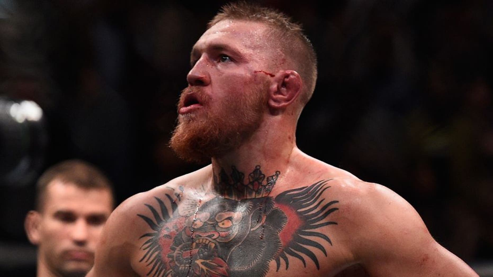 LAS VEGAS, NV - MARCH 05: Conor McGregor of Ireland reacts to his loss to Nate Diaz during the UFC 196 event inside MGM Grand Garden Arena on March 5, 2016 in Las Vegas, Nevada. (Photo by Jeff Bottari/Zuffa LLC/Zuffa LLC via Getty Images)