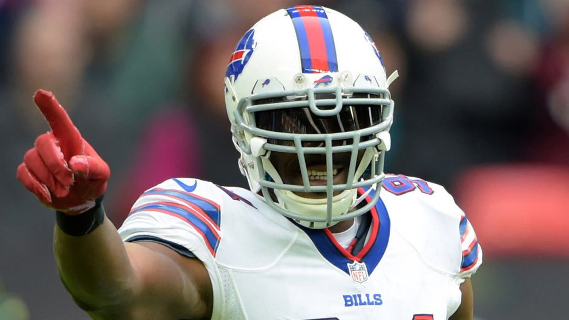 Oct 25, 2015; London, United Kingdom; Buffalo Bills defensive end Mario Williams (94) gestures during 34-31 loss against the Jacksonville Jaguars during NFL International Series game at Wembley Stadium. Mandatory Credit: Kirby Lee-USA TODAY Sports