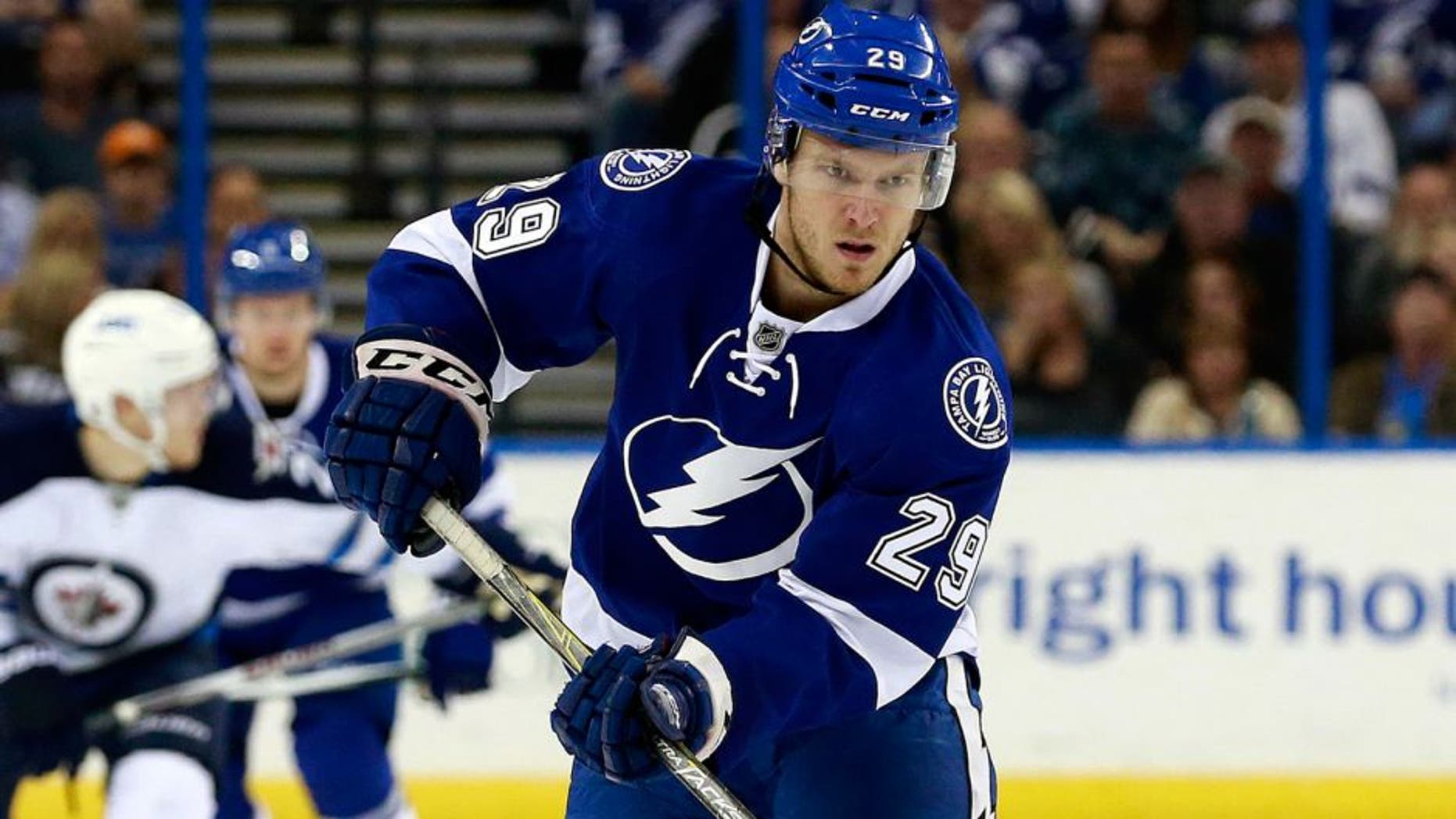 Feb 18, 2016; Tampa, FL, USA; Tampa Bay Lightning defenseman Slater Koekkoek (29) passes the puck against the Winnipeg Jets during the second period at Amalie Arena. Mandatory Credit: Kim Klement-USA TODAY Sports