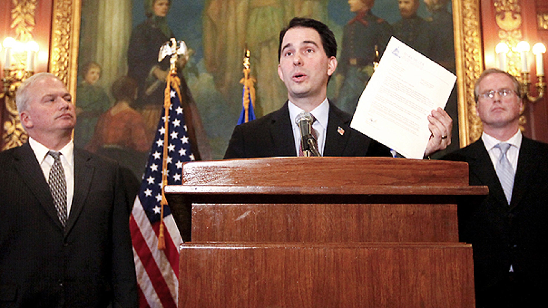 March 7: Wisconsin Governor Scott Walker addresses the media regarding a letter received from Sen. Mark Miller, D- Monona, in Madison, Wis.