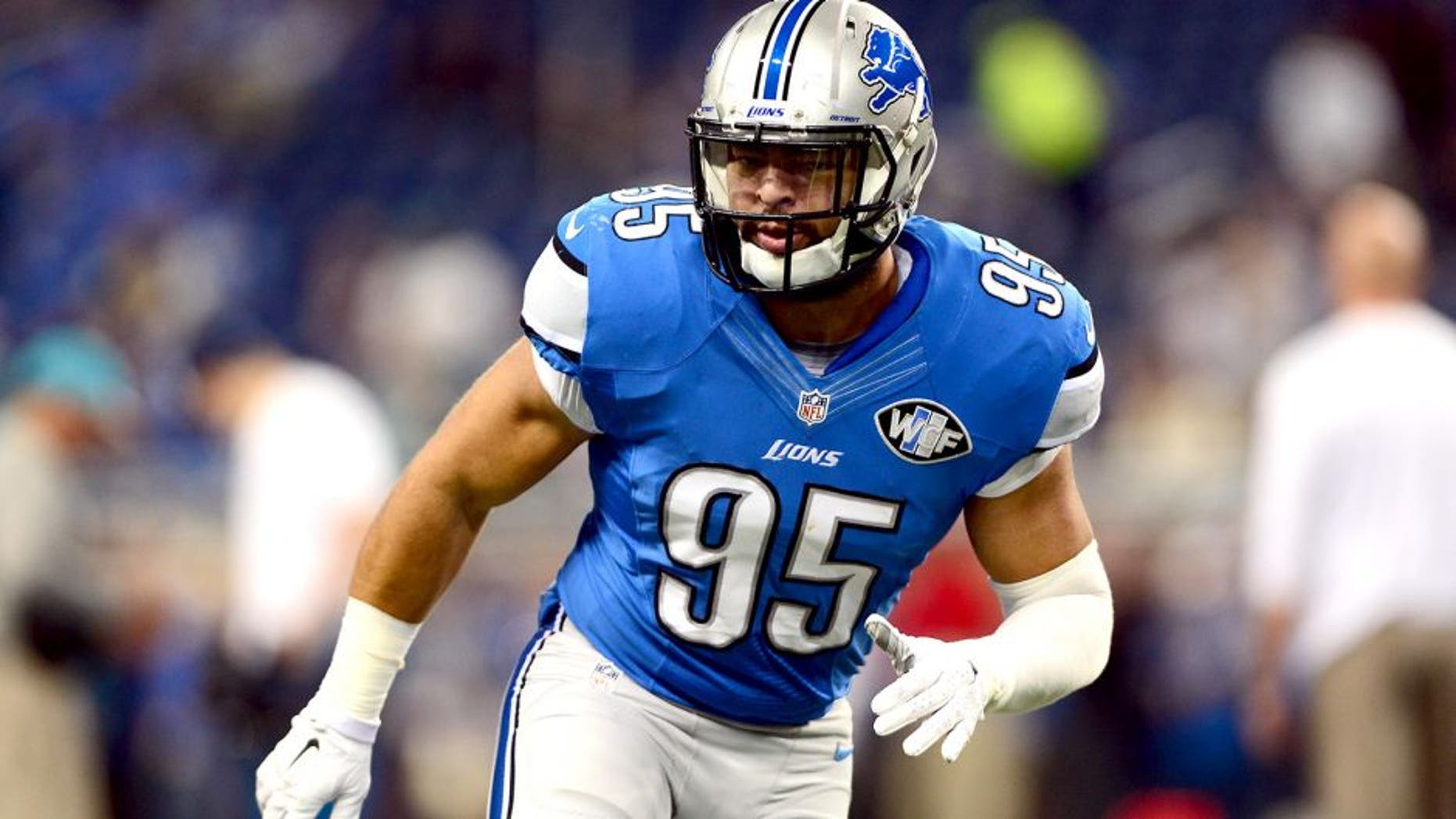 Nov 9, 2014; Detroit, MI, USA; Detroit Lions outside linebacker Kyle Van Noy (95) against the Miami Dolphins at Ford Field. Mandatory Credit: Andrew Weber-USA TODAY Sports