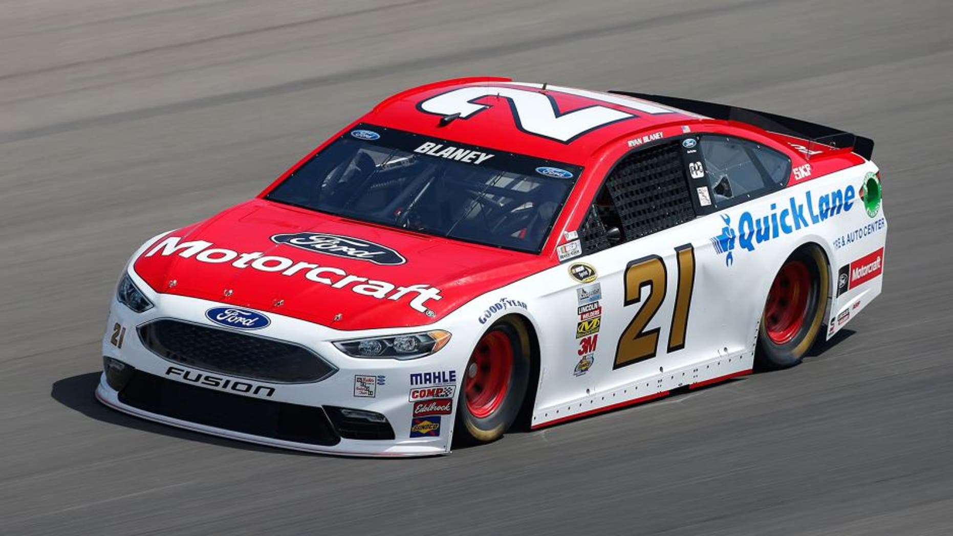 LAS VEGAS, NV - MARCH 04: Ryan Blaney, driver of the #21 Motorcraft / Quick Lane Tire Auto Center Ford, drives during practice for the NASCAR Sprint Cup Series Kobalt 400 at Las Vegas Motor Speedway on March 4, 2016 in Las Vegas, Nevada. (Photo by Brian Lawdermilk/NASCAR via Getty Images)