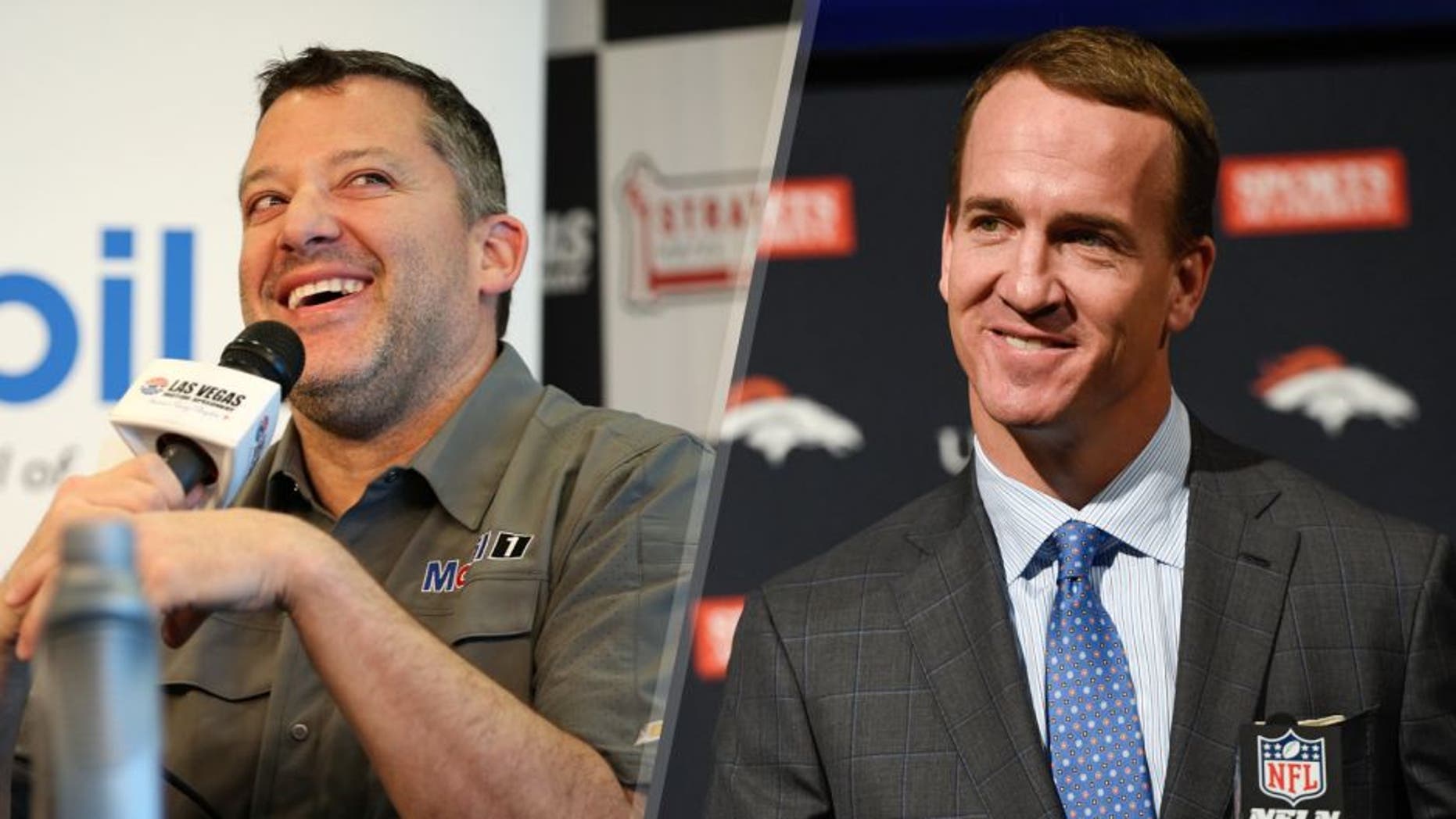 LAS VEGAS, NV - MARCH 04: Tony Stewart talks to the media during practice for the NASCAR Sprint Cup Series Kobalt 400 at Las Vegas Motor Speedway on March 4, 2016 in Las Vegas, Nevada. (Photo by Sean Gardner/NASCAR via Getty Images) ENGLEWOOD, CO - MARCH 07: Peyton Manning smiles as he answers questions during his press conference. The Denver Broncos hold a press conference to announce the retirement of Denver Broncos quarterback Peyton Manning March 7, 2016 at UCHealth Training Center. (Photo By John Leyba/The Denver Post via Getty Images)
