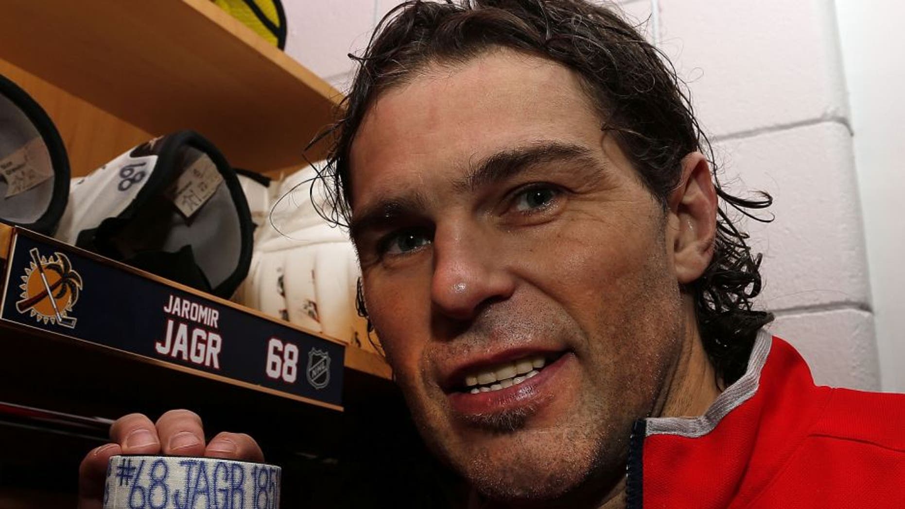 SUNRISE, FL - MARCH 7: Jaromir Jagr #68 of the Florida Panthers is third in all-time NHL points after getting an assist against the Boston Bruins. Teammate Aleksander Barkov #16 scored the goal and Jonathan Huberdeau #11 also assisted at BB&T Center at the BB&T Center on March 7, 2016 in Sunrise, Florida. (Photo by Eliot J. Schechter/NHLI via Getty Images)