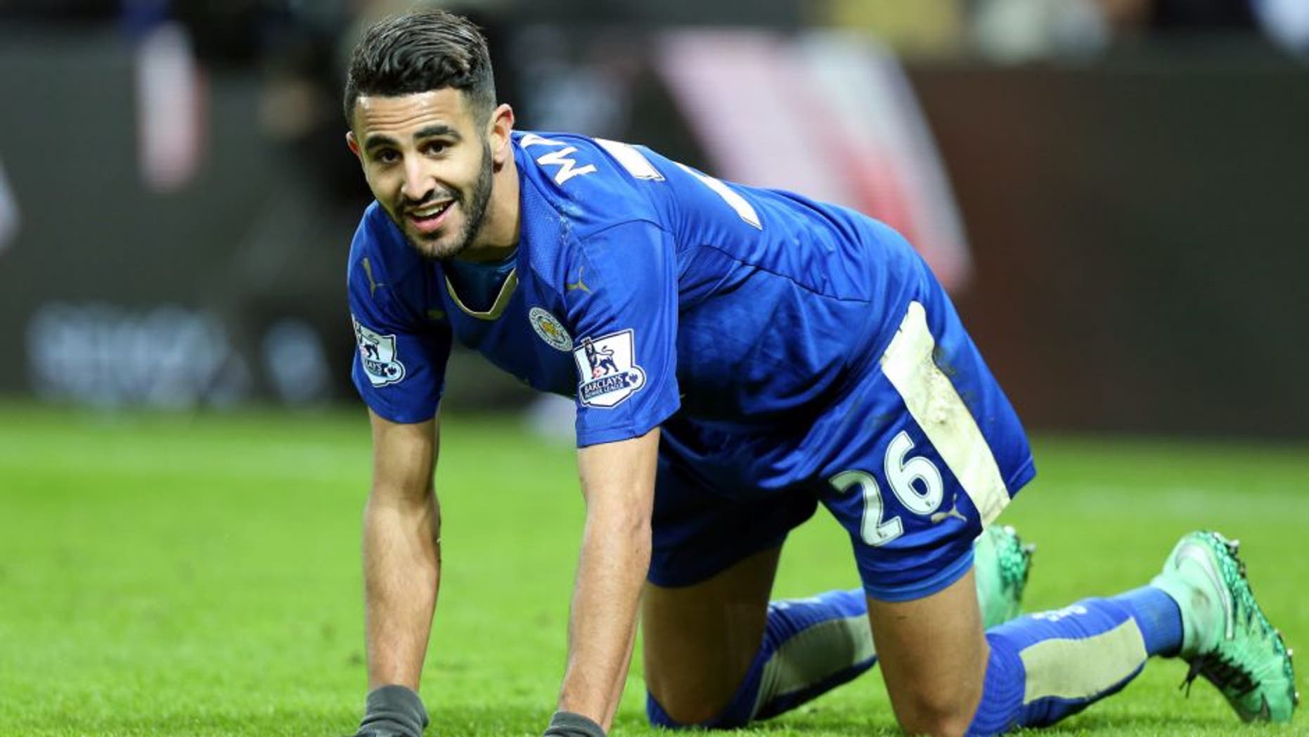 LEICESTER, ENGLAND - MARCH 01 : Riyad Mahrez of Leicester City reacts during the Barclays Premier League match between Leicester City and West Bromwich Albion at the King Power Stadium on March 01 , 2016 in Leicester, United Kingdom. (Photo by Plumb Images/Leicester City FC via Getty Images)
