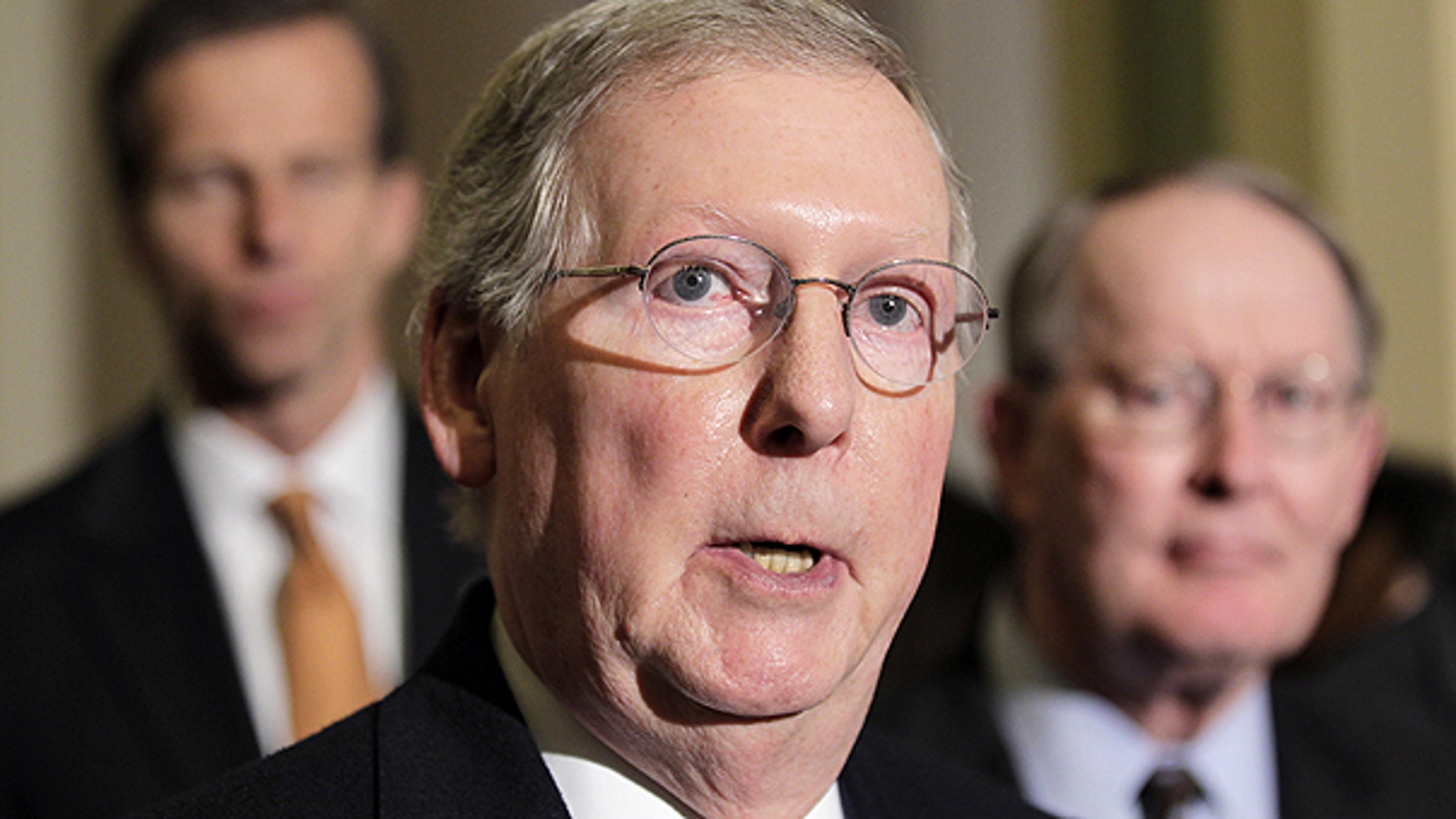 March 8: Senate Republican leader, Mitch McConnell of Kentucky, speaks with reporters following a weekly Republican policy luncheon, on Capitol Hill in Washington.