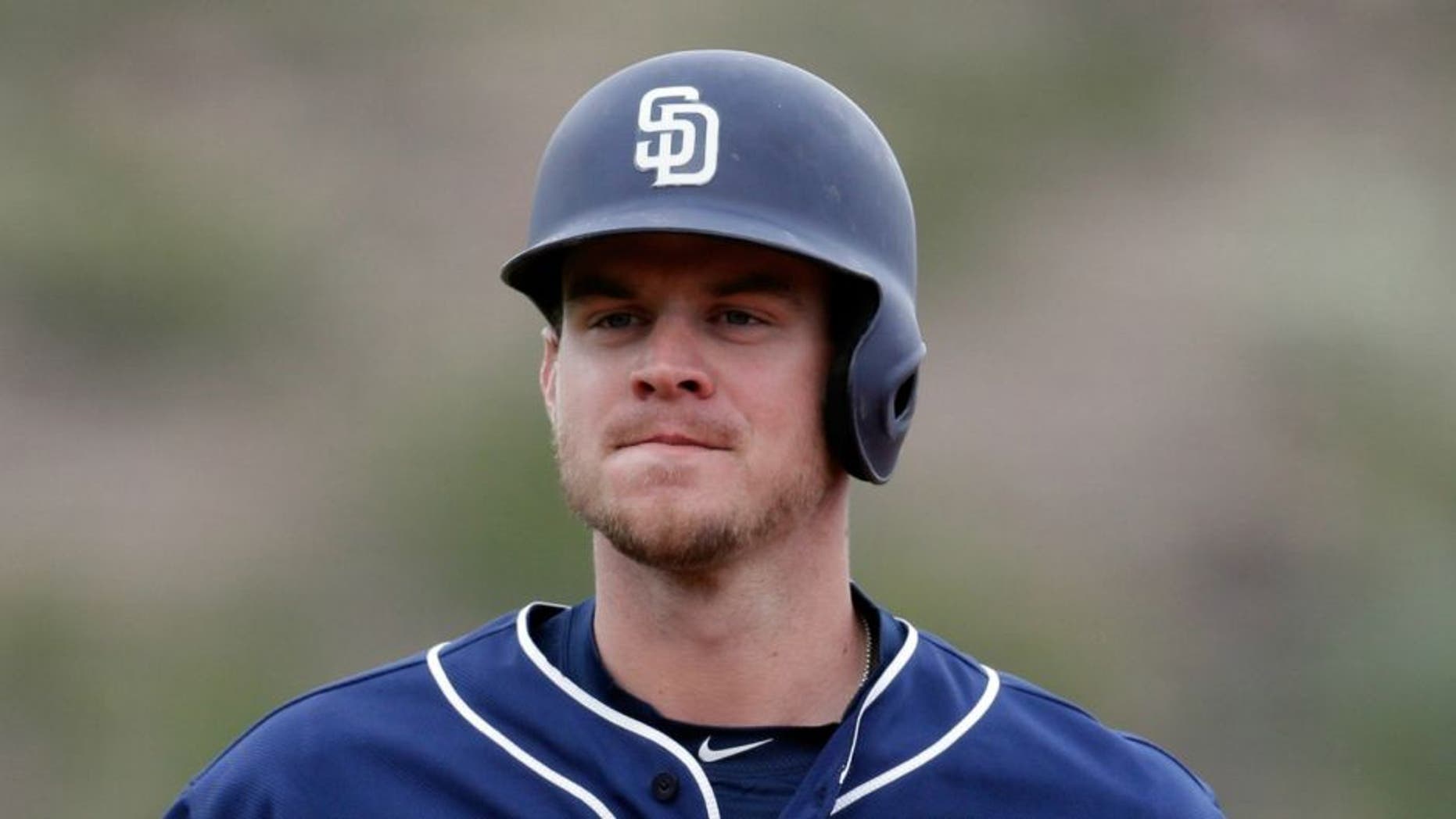 Feb 27, 2017; Tempe, AZ, USA; San Diego Padres first baseman Wil Myers (4) against the Los Angeles Angels during a spring training game at Tempe Diablo Stadium. Mandatory Credit: Rick Scuteri-USA TODAY Sports