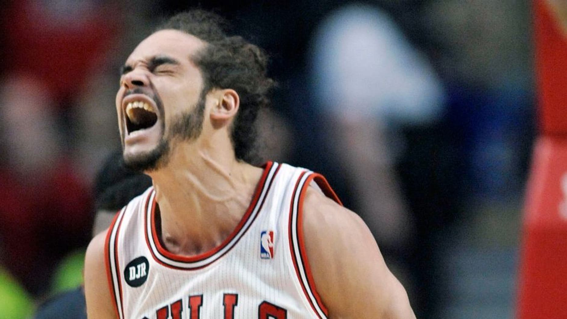 Chicago Bulls Joakim Noah reacts after being fouled by Miami Heat's Greg Oden during the first half of an NBA basketball game in Chicago, Sunday, March 9, 2014. (AP Photo/ Paul Beaty)