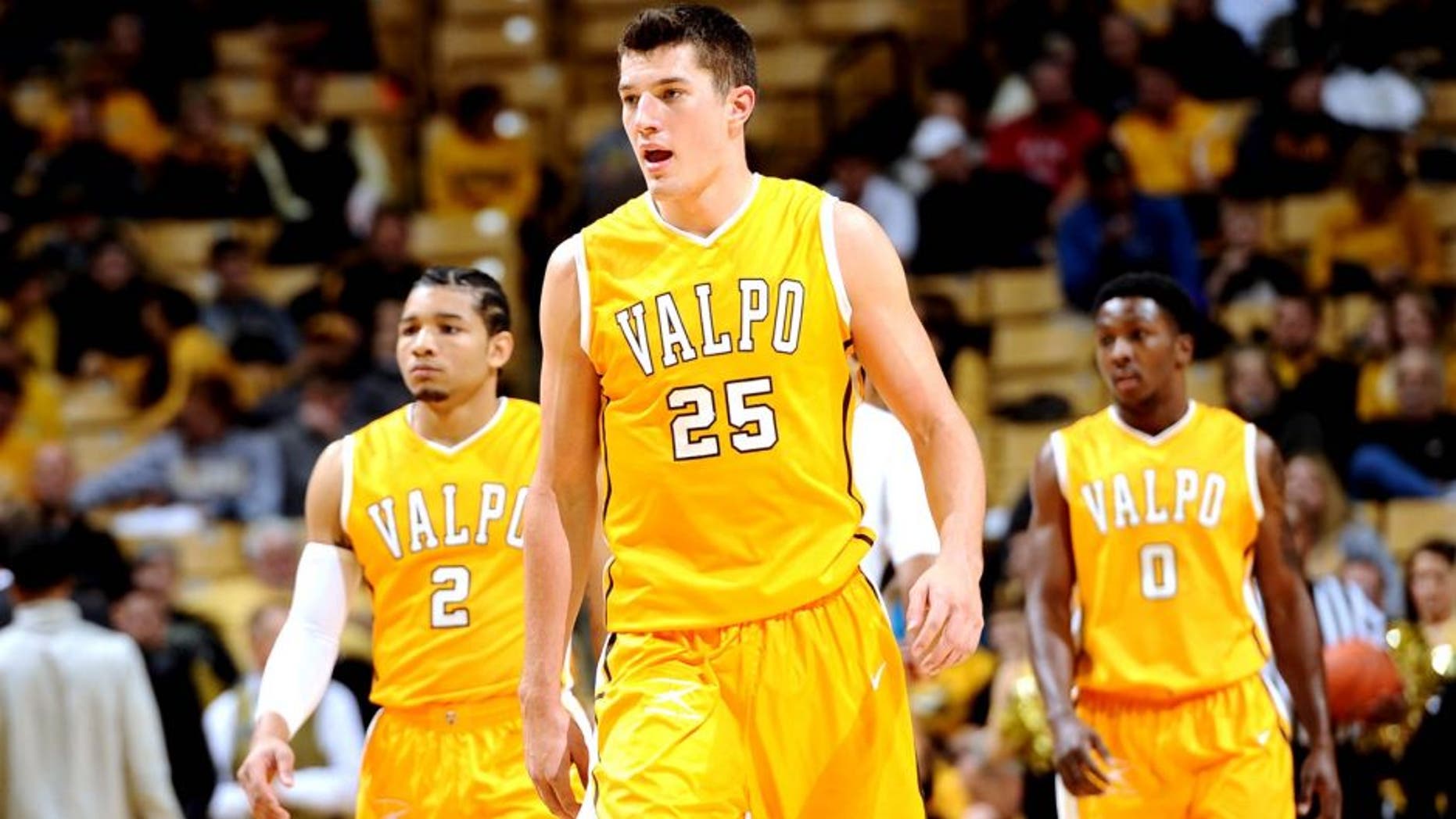 Nov 16, 2014; Columbia, MO, USA; Valparaiso Crusaders guard Tevonn Walker (2) and Valparaiso Crusaders forward Alec Peters (25) and Valparaiso Crusaders guard Keith Carter (0) during the second half at Mizzou Arena. The Missouri Tigers defeated the Valparaiso Crusaders 56-41. Mandatory Credit: Dak Dillon-USA TODAY Sports