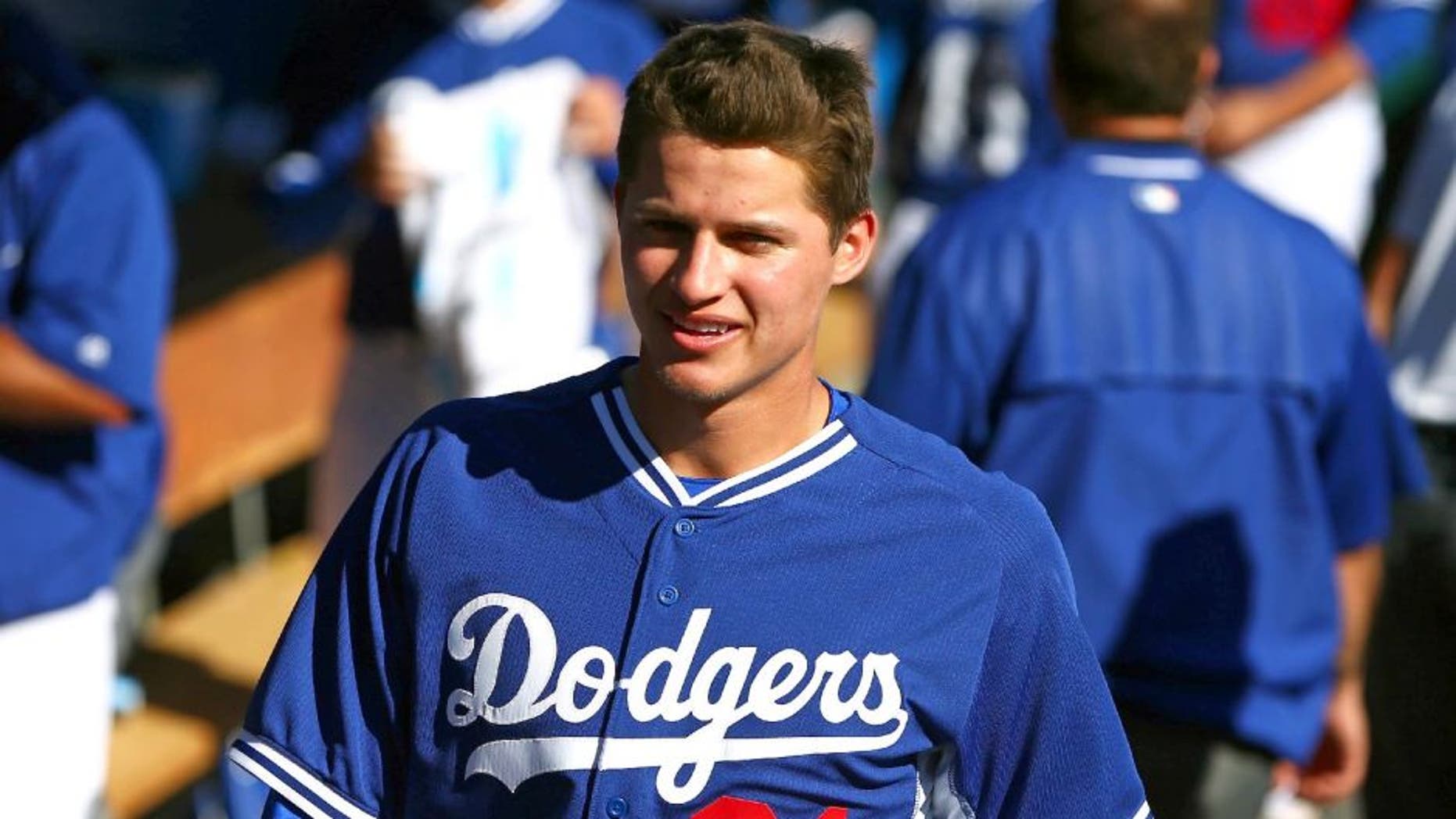 Mar 4, 2015; Phoenix, AZ, USA; Los Angeles Dodgers infielder Corey Seager against the Chicago White Sox during a spring training baseball game at Camelback Ranch. Mandatory Credit: Mark J. Rebilas-USA TODAY Sports