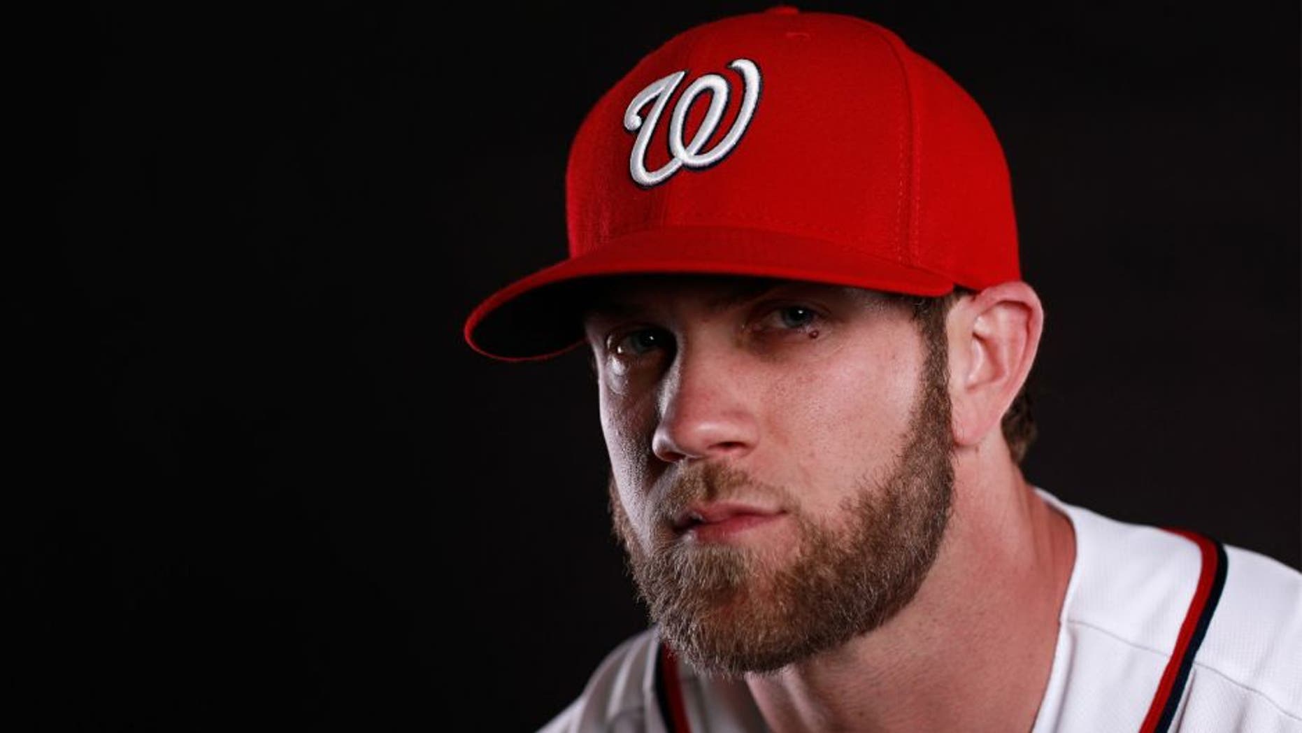 VIERA, FL - FEBRUARY 28: Bryce Harper #34 of the Washington Nationals poses for a portrait at Spring Training photo day at Space Coast Stadium on February 28, 2016 in Viera, Florida. (Photo by Chris Trotman/Getty Images)