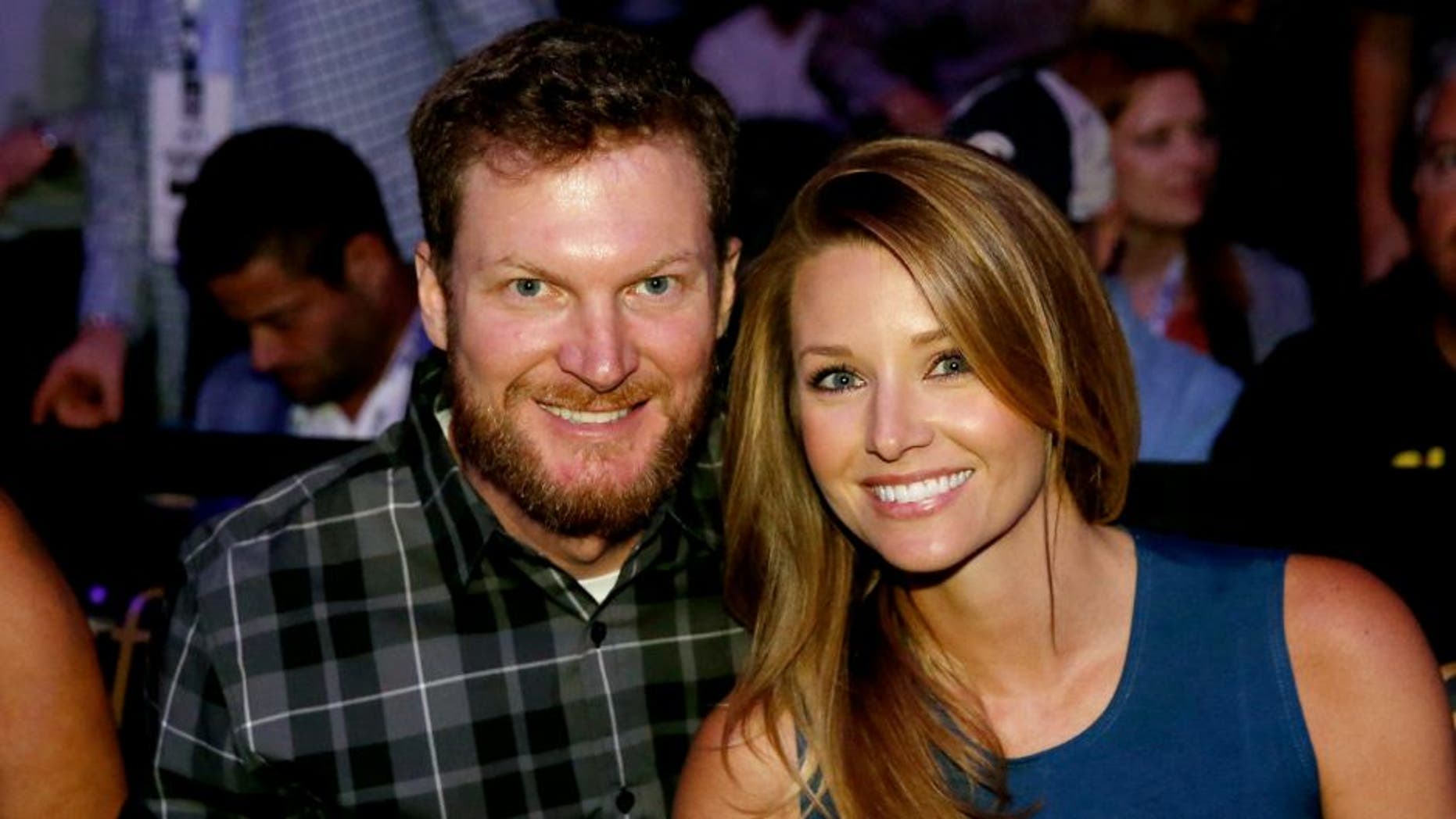 LAS VEGAS, NV - MARCH 05: NASCAR driver Dale Earnhardt Jr. and girlfriend Amy Reimann in attendance at UFC 196 event inside MGM Grand Garden Arena on March 5, 2016 in Las Vegas, Nevada. (Photo by Christian Petersen/Zuffa LLC/Zuffa LLC via Getty Images)