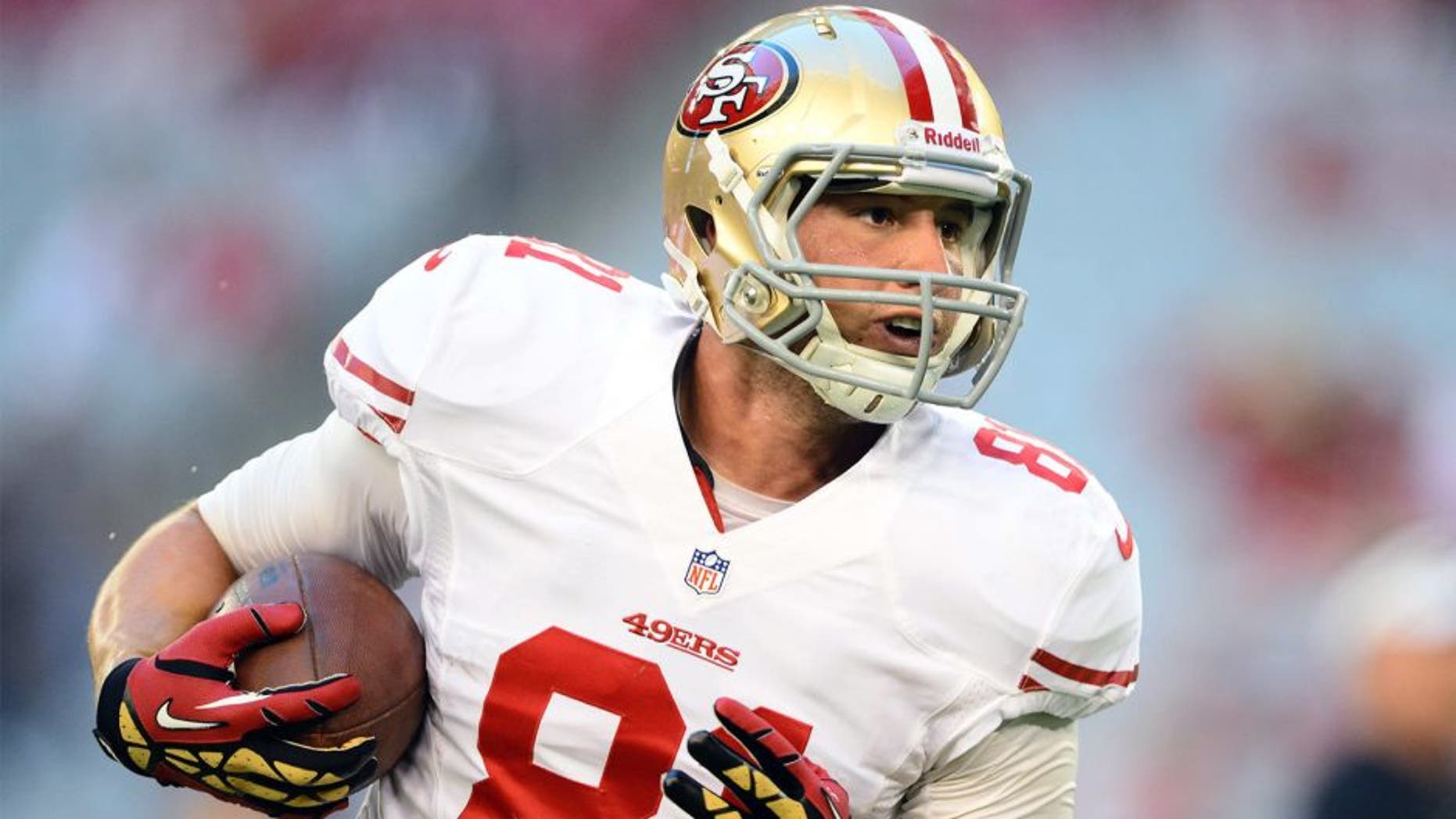 Oct. 29, 2012; Glendale, AZ, USA; San Francisco 49ers tight end Garrett Celek against the Arizona Cardinals at University of Phoenix Stadium. The 49ers defeated the Cardinals 24-3. Mandatory Credit: Mark J. Rebilas-USA TODAY Sports