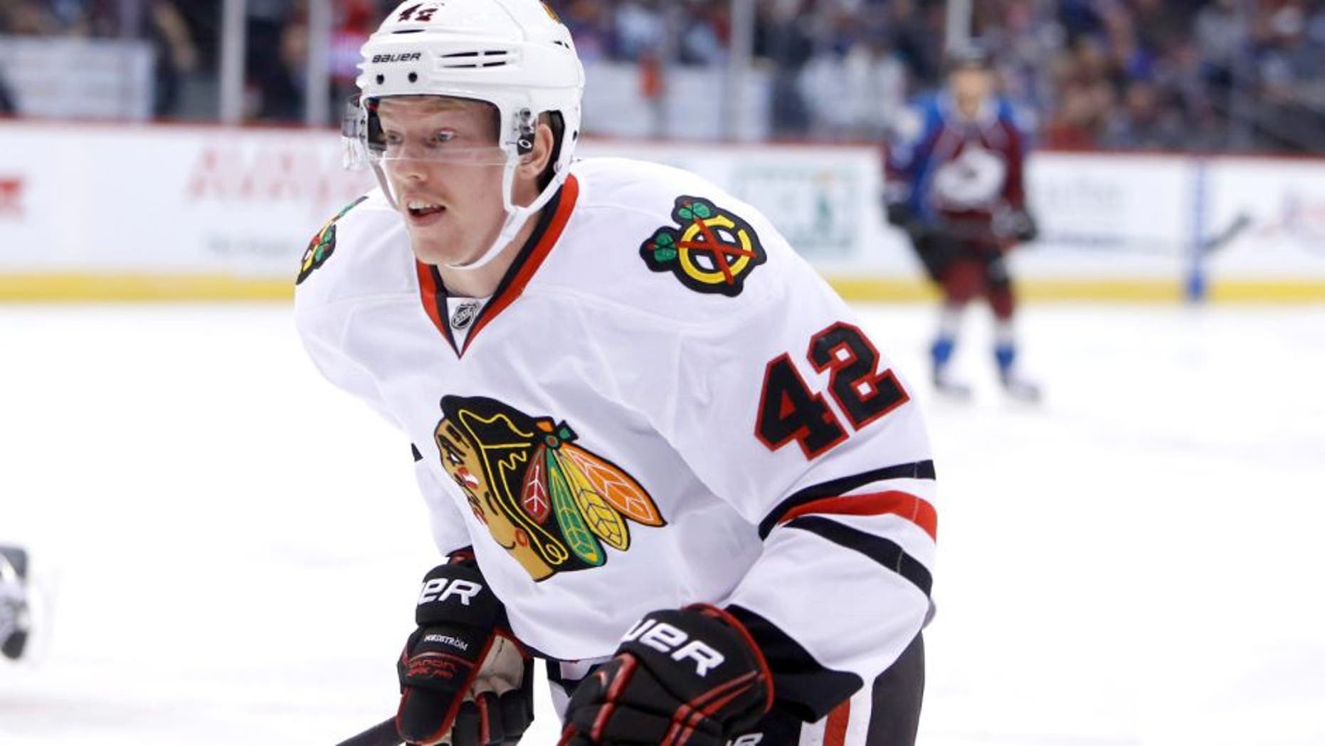 Dec 27, 2014; Denver, CO, USA; Chicago Blackhawks center Joakim Nordstrom (42) during the game against the Colorado Avalanche at Pepsi Center. Mandatory Credit: Chris Humphreys-USA TODAY Sports