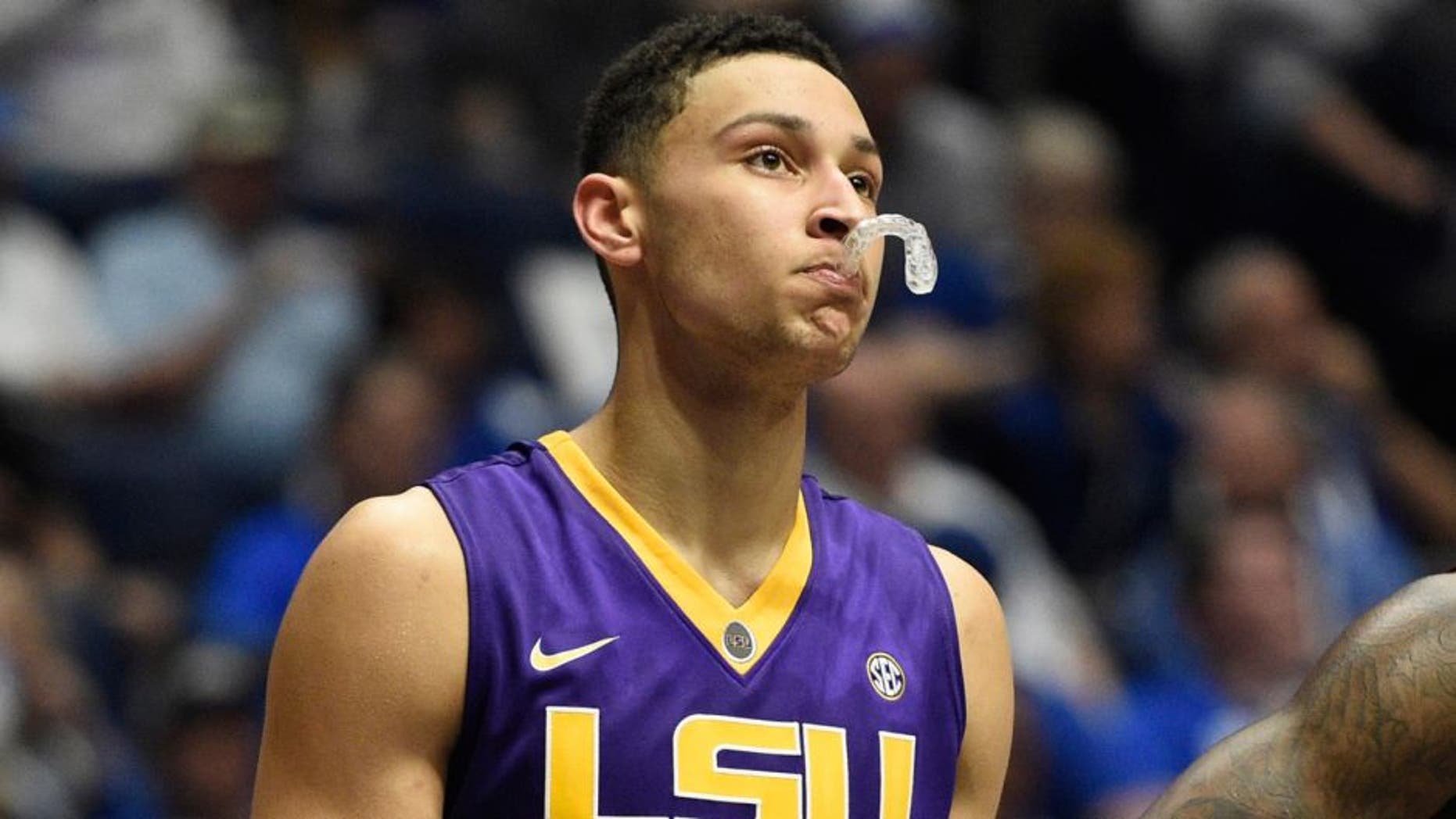 Mar 12, 2016; Nashville, TN, USA; LSU Tigers forward Ben Simmons (25) looks on after his third foul in the first half against the Texas A&M Aggies during the SEC conference tournament at Bridgestone Arena. Mandatory Credit: Christopher Hanewinckel-USA TODAY Sports
