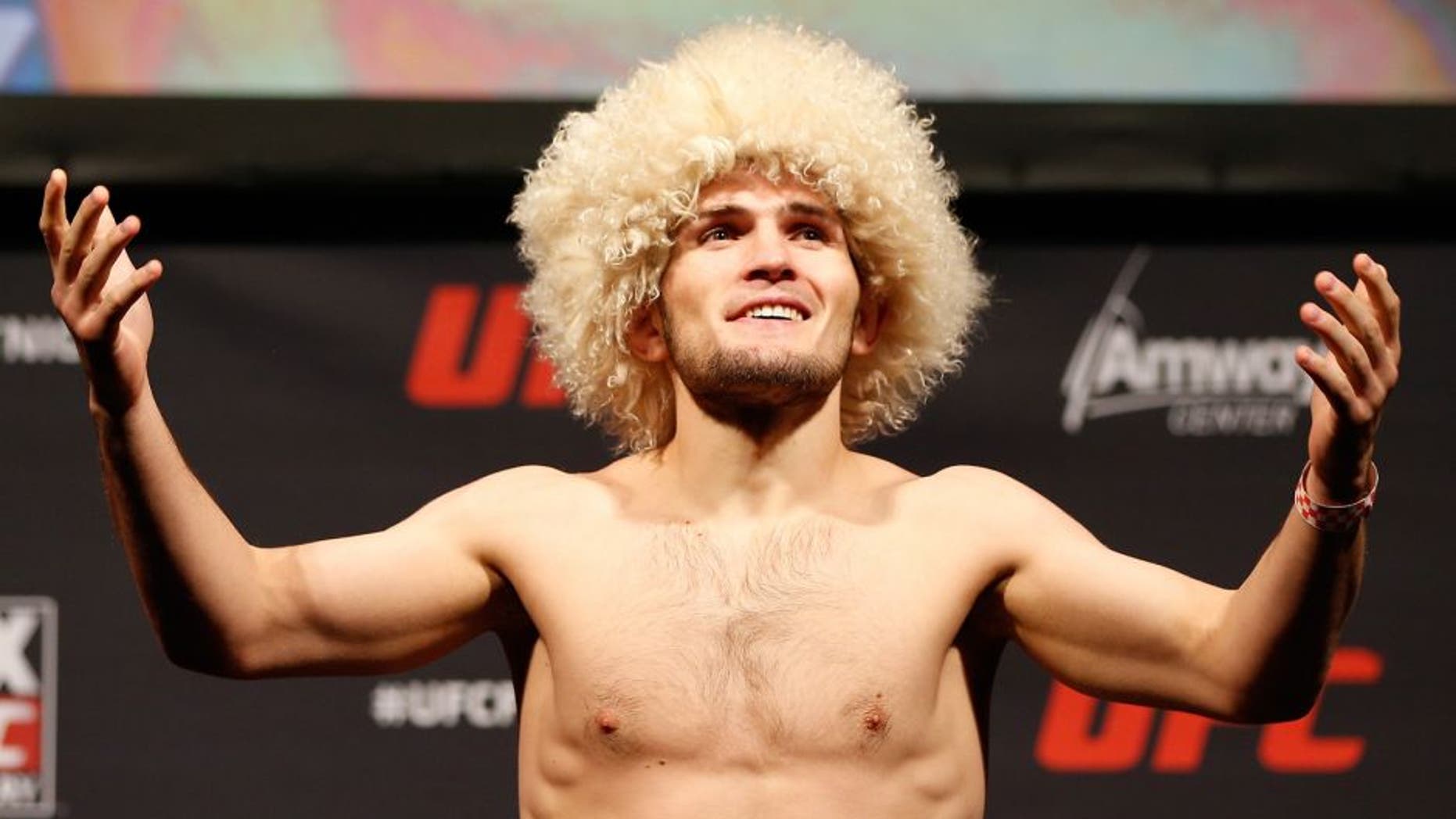 ORLANDO, FL - APRIL 18: Khabib Nurmagomedov weighs in during the FOX UFC Saturday weigh-in at the Amway Center on April 18, 2014 in Orlando, Florida. (Photo by Josh Hedges/Zuffa LLC/Zuffa LLC via Getty Images)