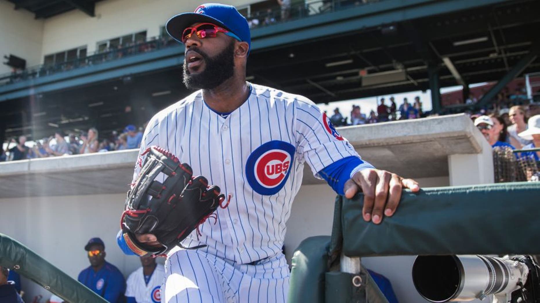 MESA, AZ - MARCH 4: Jason Heyward #22 of the Chicago Cubs bats looks on a spring training game against the Los Angeles Angels at Sloan Park on March 4, 2016 in Mesa, Arizona. (Photo by Rob Tringali/Getty Images)