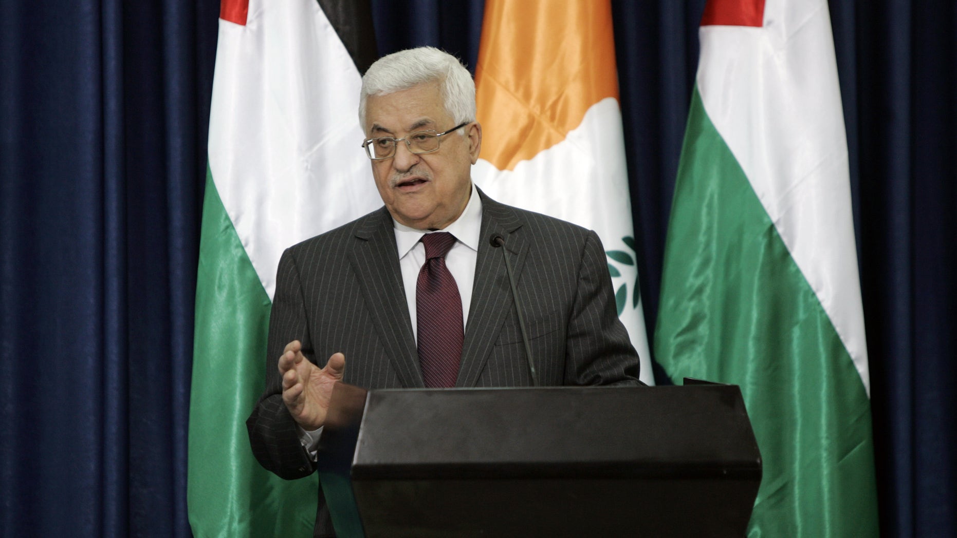 March 15: Palestinian President Mahmoud Abbas gestures as he speaks during a joint press conference with Cypriot President Dimitris Christofias, not pictured, after their meeting in the West Bank city of Ramallah.