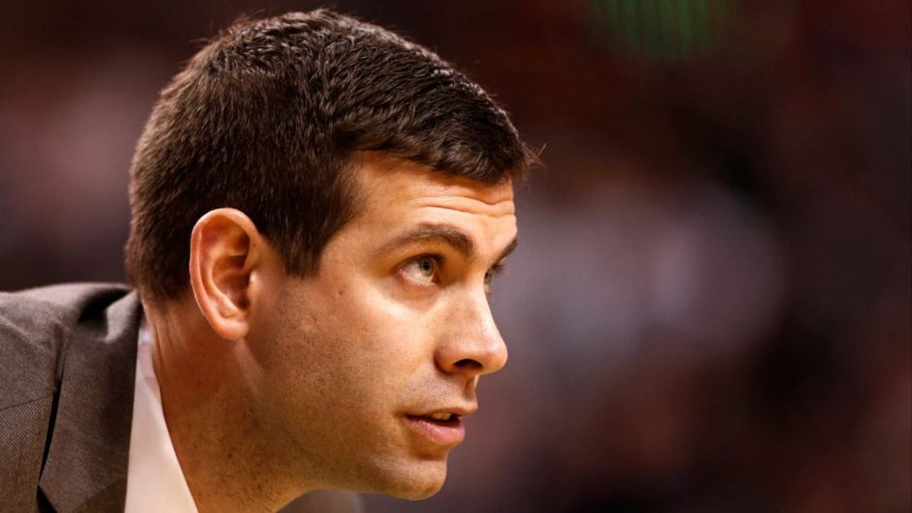 Mar 16, 2015; Boston, MA, USA; Boston Celtics head coach Brad Stevens on the side line during the fourth quarter against the Philadelphia 76ers at TD Garden. The Boston Celtics won 108-89. Mandatory Credit: Greg M. Cooper-USA TODAY Sports