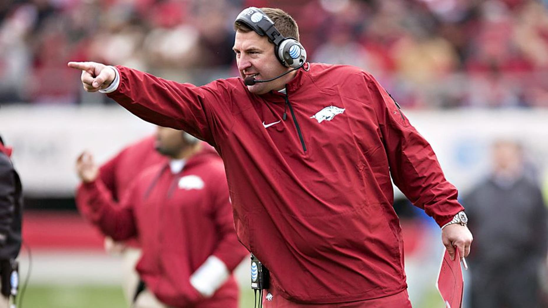 LITTLE ROCK, ARKANSAS - NOVEMBER 23: Head Coach Bret Bielema of the Arkansas Razorbacks points to a official during a game against the Mississippi State Bulldogs at War Memorial Stadium on November 23, 2013 in Little Rock, Arkansas. The Bulldogs defeated the Razorbacks 24-17. (Photo by Wesley Hitt/Getty Images)