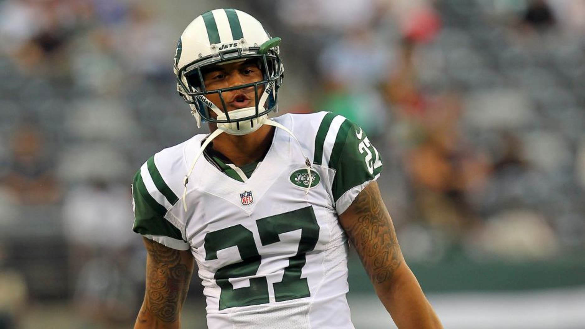 Aug 17, 2013; East Rutherford, NJ, USA; New York Jets corner back Dee Milliner (27) during warmups before a preseason game against the Jacksonville Jaguars at MetLife Stadium. Mandatory Credit: Brad Penner-USA TODAY Sports