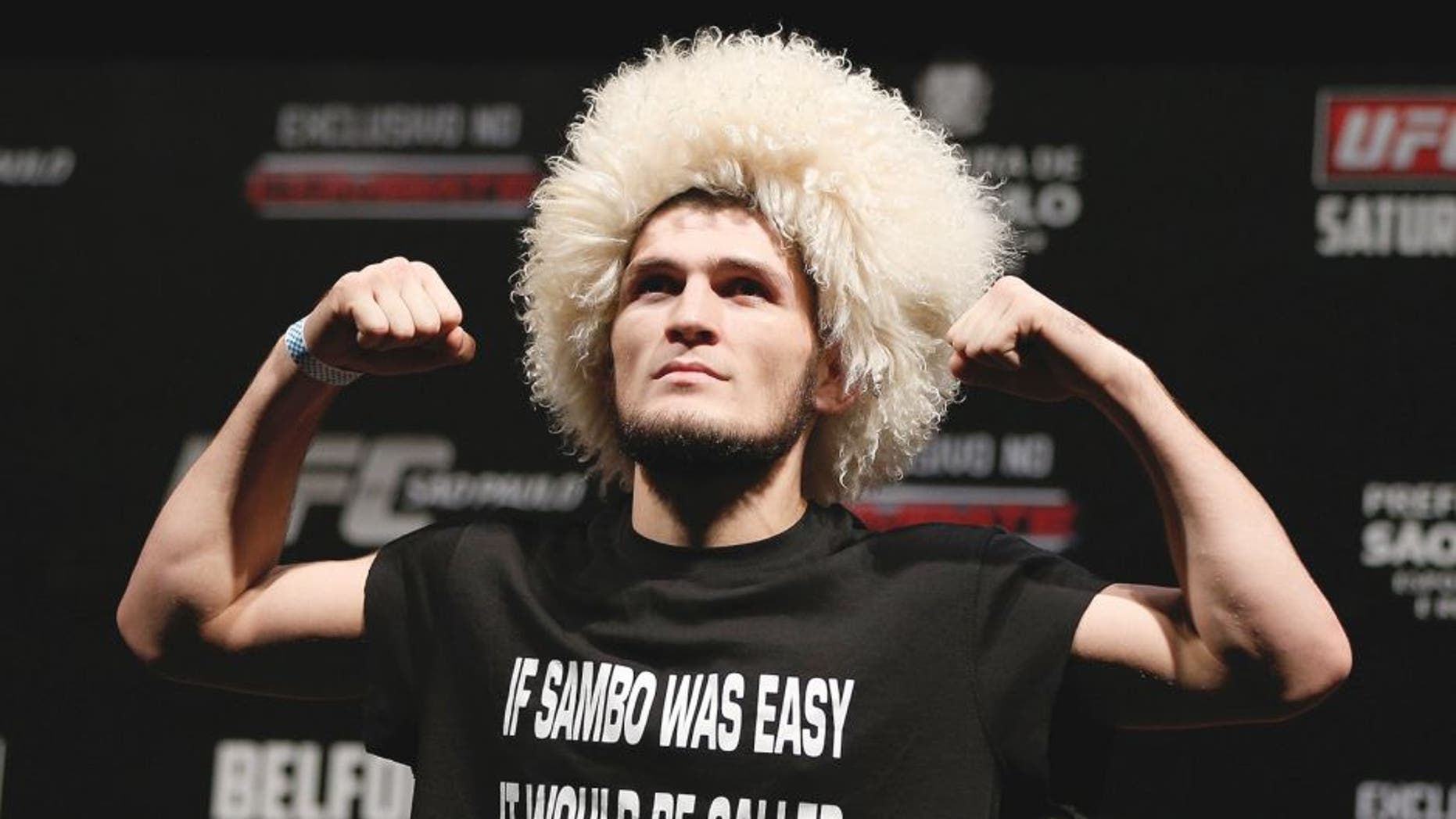 SAO PAULO, BRAZIL - JANUARY 18: Khabib Nurmagomedov weighs in during the UFC on FX official weigh-in event on January 18, 2013 at Ibirapuera Gymnasium in Sao Paulo, Brazil. (Photo by Josh Hedges/Zuffa LLC/Zuffa LLC via Getty Images)