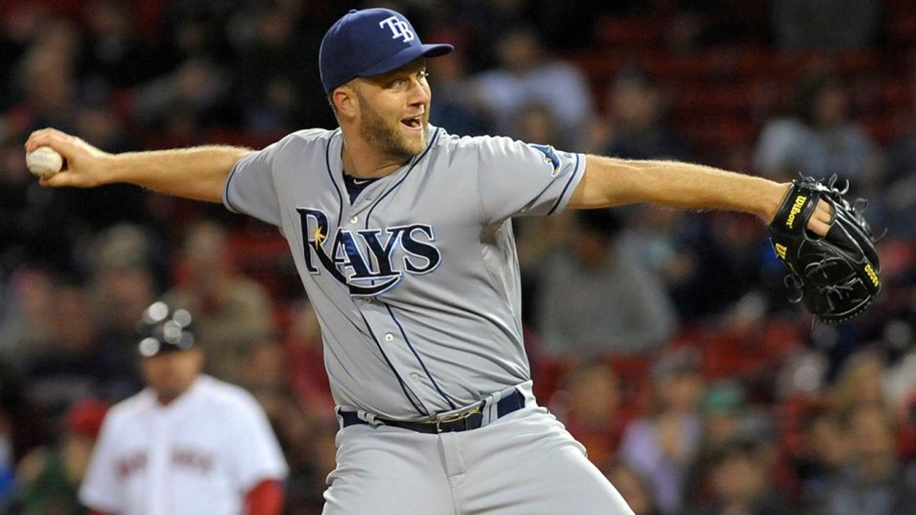 Sep 22, 2015; Boston, MA, USA; Tampa Bay Rays relief pitcher Brad Boxberger (26) pitches during the ninth inning against the Boston Red Sox at Fenway Park. Mandatory Credit: Bob DeChiara-USA TODAY Sports