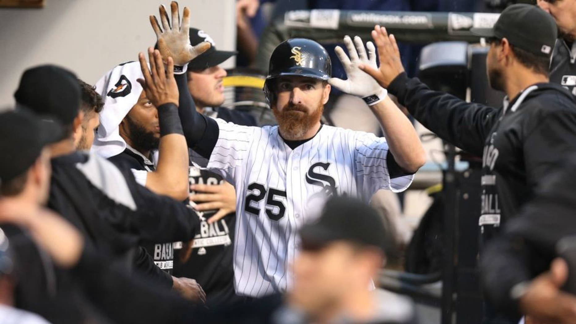 The Chicago White Sox's Adam LaRoche (25) is congratulated by teammates after his two-run double in the first inning against the Toronto Blue Jays at U.S. Cellular Field in Chicago on Wednesday, July 8, 2015. (Chris Sweda/Chicago Tribune/TNS),The Chicago White Sox's Adam LaRoche (25) is congratulated by teammates after his two-run double in the first inning against the Toronto Blue Jays at U.S. Cellular Field in Chicago on Wednesday, July 8, 2015. (Chris Sweda/Chicago Tribune/TNS via Getty Images)