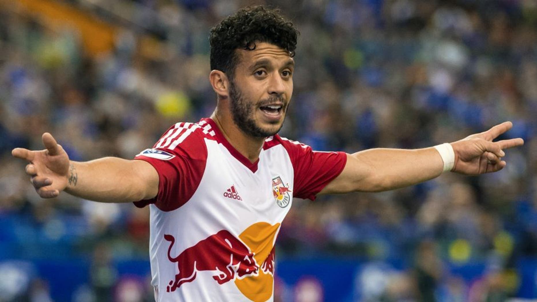 MONTREAL, QC - MARCH 12: Felipe Martins #8 of the New York Red Bulls reacts during the MLS game against the Montreal Impact at the Olympic Stadium on March 12, 2016 in Montreal, Quebec, Canada. The Montreal Impact defeated the New York Red Bulls 3-0. (Photo by Minas Panagiotakis/Getty Images)