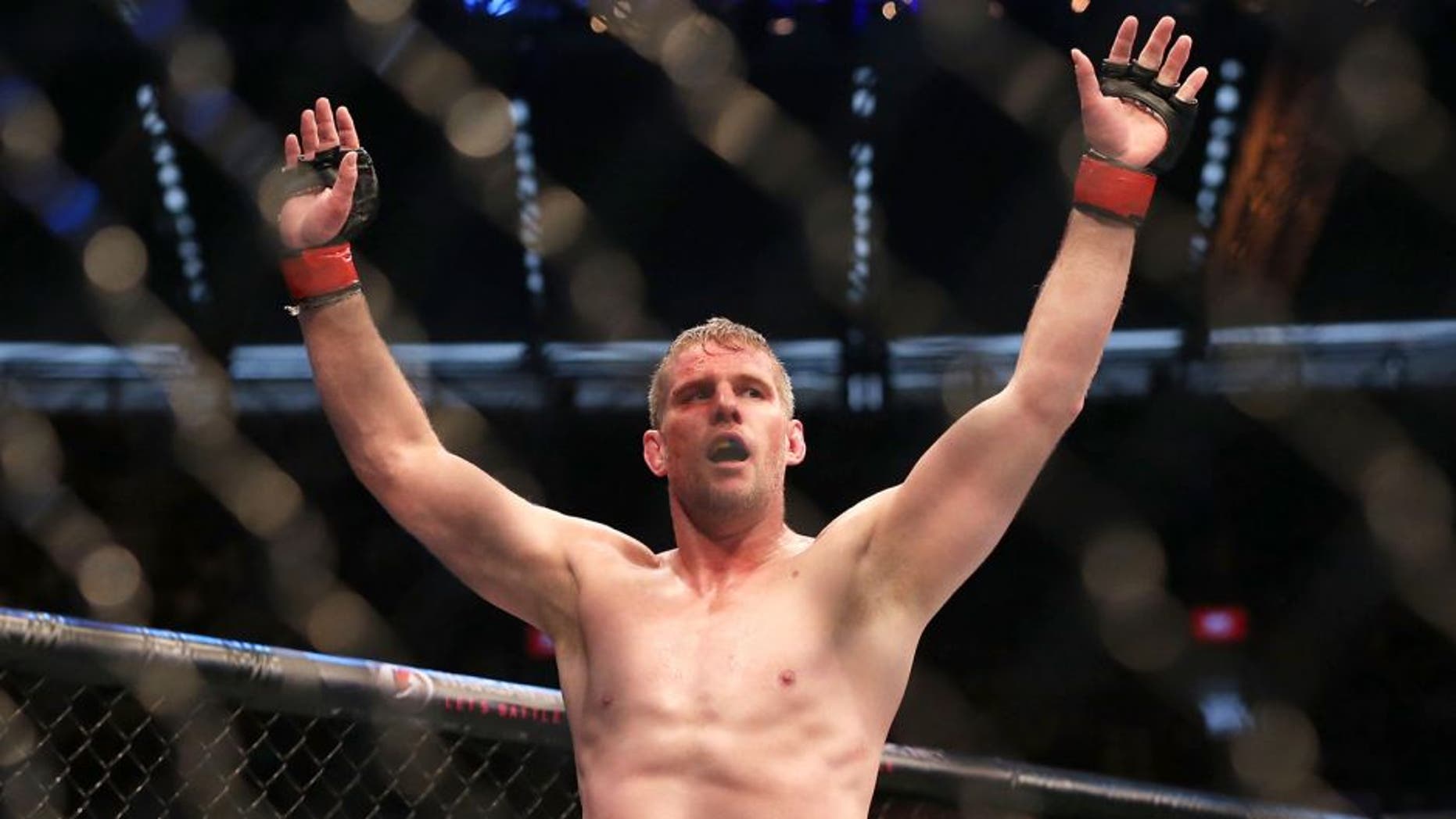 MELBOURNE, AUSTRALIA - NOVEMBER 15: Daniel Kelly of Australia celebrates victory against Steve Montgomery of the United States in their middleweight bout during the UFC 193 event at Etihad Stadium on November 15, 2015 in Melbourne, Australia. (Photo by Quinn Rooney/Getty Images)