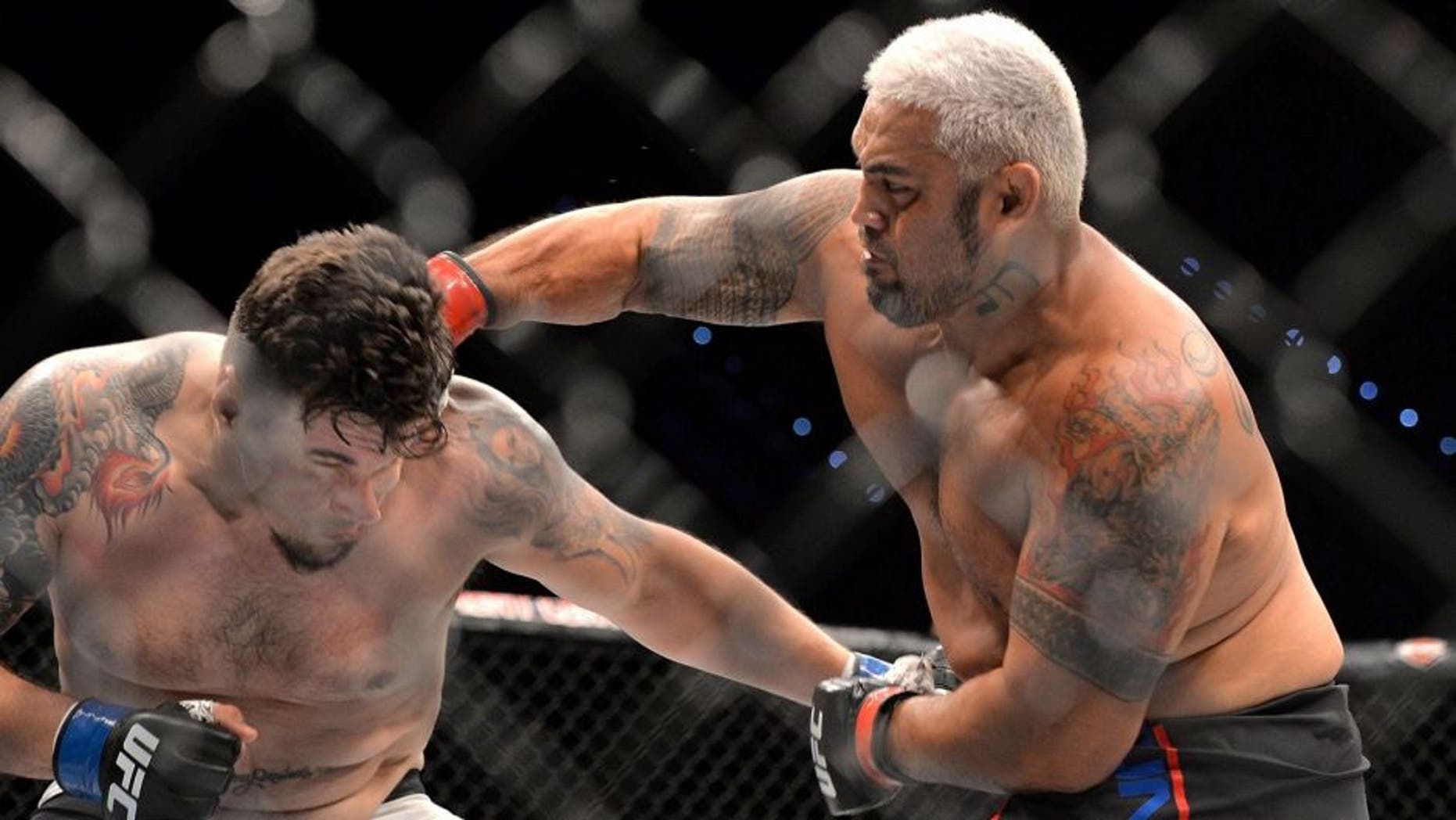 BRISBANE, AUSTRALIA - MARCH 20: Mark Hunt delivers the knock out punch against Frank Mir during their UFC Heavyweight Bout at UFC Brisbane on March 20, 2016 in Brisbane, Australia. (Photo by Bradley Kanaris/Getty Images)