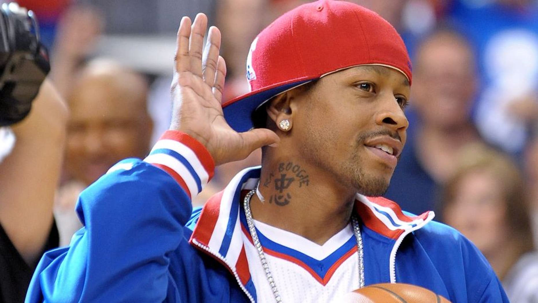 May 23, 2012; Philadelphia, PA USA; Philadelphia 76ers former guard Allen Iverson before the start of game six against the Boston Celtics in the Eastern Conference semifinals of the 2012 NBA Playoffs at the Wells Fargo Center. Mandatory Credit: Eric Hartline-USA TODAY Sports