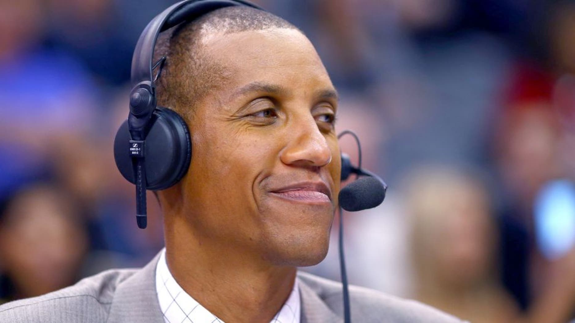 Jan 19, 2015; Phoenix, AZ, USA; TNT tv announcer Reggie Miller during the Phoenix Suns against the Los Angeles Lakers at US Airways Center. The Suns defeated the Lakers 115-100. Mandatory Credit: Mark J. Rebilas-USA TODAY Sports