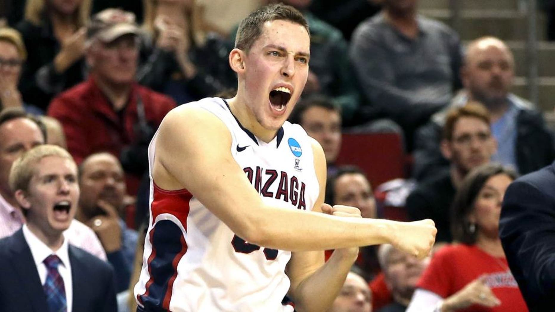 SEATTLE, WA - MARCH 22: Kyle Wiltjer #33 of the Gonzaga Bulldogs reacts after points in the first half of the game against the Iowa Hawkeyes during the third round of the 2015 NCAA Men's Basketball Tournament at KeyArena on March 22, 2015 in Seattle, Washington. (Photo by Otto Greule Jr/Getty Images)