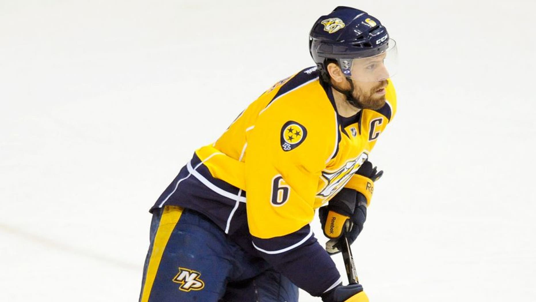 Mar 21, 2015; Nashville, TN, USA; Nashville Predators defenseman Shea Weber (6) skates with the puck during the first period against the Buffalo Sabres at Bridgestone Arena. Mandatory Credit: Christopher Hanewinckel-USA TODAY Sports