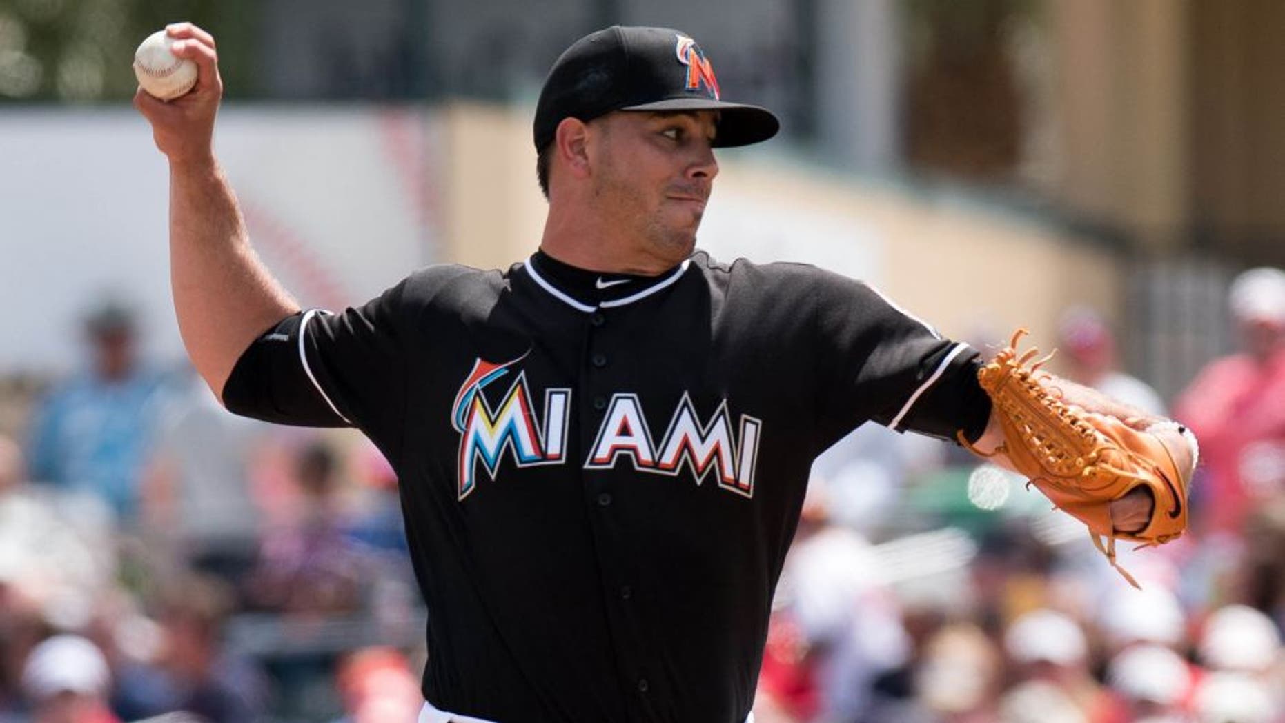 Mar 22, 2016; Jupiter, FL, USA; Miami Marlins starting pitcher Jose Fernandez (16) delivers a pitch during a spring training game against the Boston Red Sox at Roger Dean Stadium. Mandatory Credit: Steve Mitchell-USA TODAY Sports